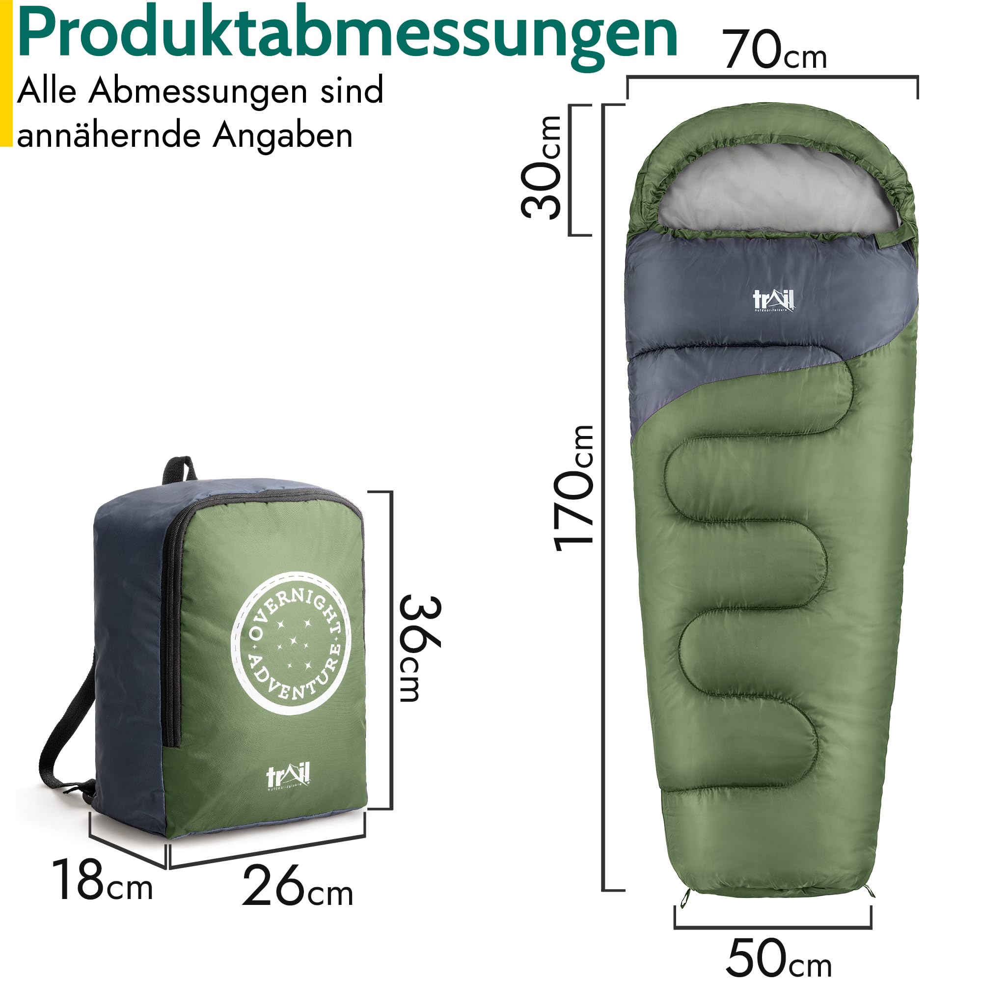 Trail Schlafsack Kinder Mumienschlafsack als Schlafsack 3 Jahreszeiten für Camping – 300gsm – für Jungen und Mädchen – mit Leichtem Transportrucksack