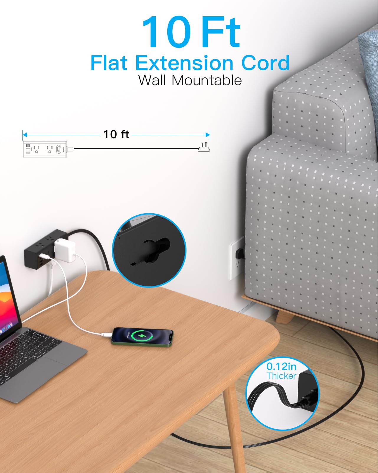 Câble d'extension de 3 m avec plusieurs prises, protection contre les surtensions à prise plate avec câble de 3 m de long, 6 prises, 3 ports USB (1 USB C), prise murale multiple pour voyage,
