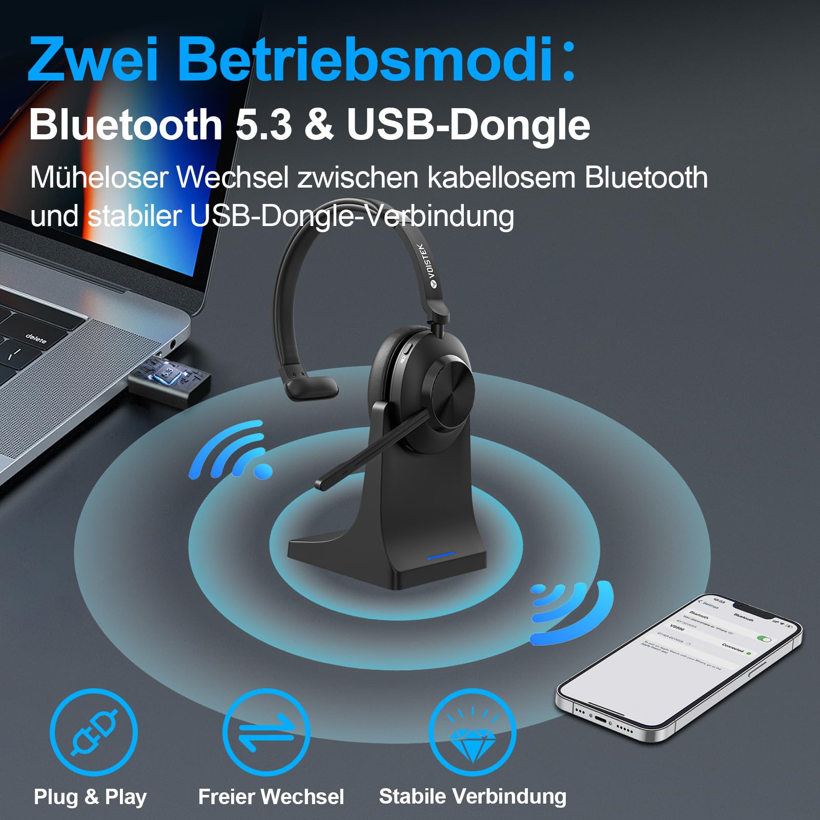 Voistek Kabelloses Bluetooth Headset mit Mikrofon & Rauschunterdrückung, USB Dongle für PC, Ladestation und Mikrofon Stummschaltung für Büro, Meeting, Call Center, Homeoffice, Computer, Schwarz