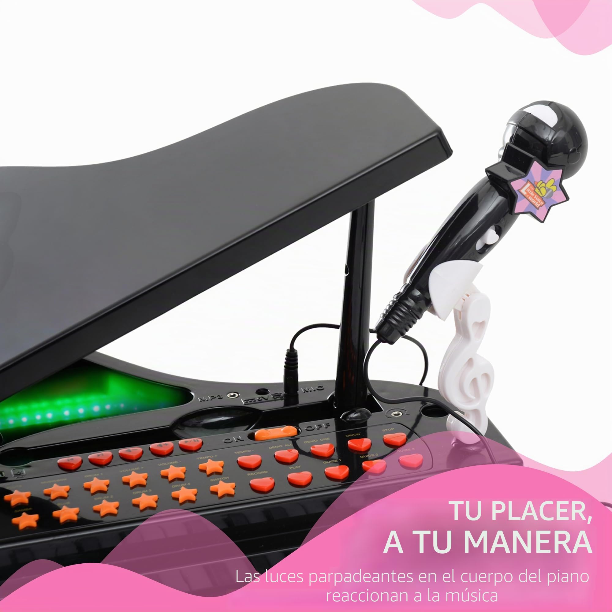 HOMCOM - Piano electrónico de 37 teclas, 3 a 6 años, color negro | Multifunción con micrófono altavoz, luz LED, función de grabación y reproducción, instrumento musical infantil