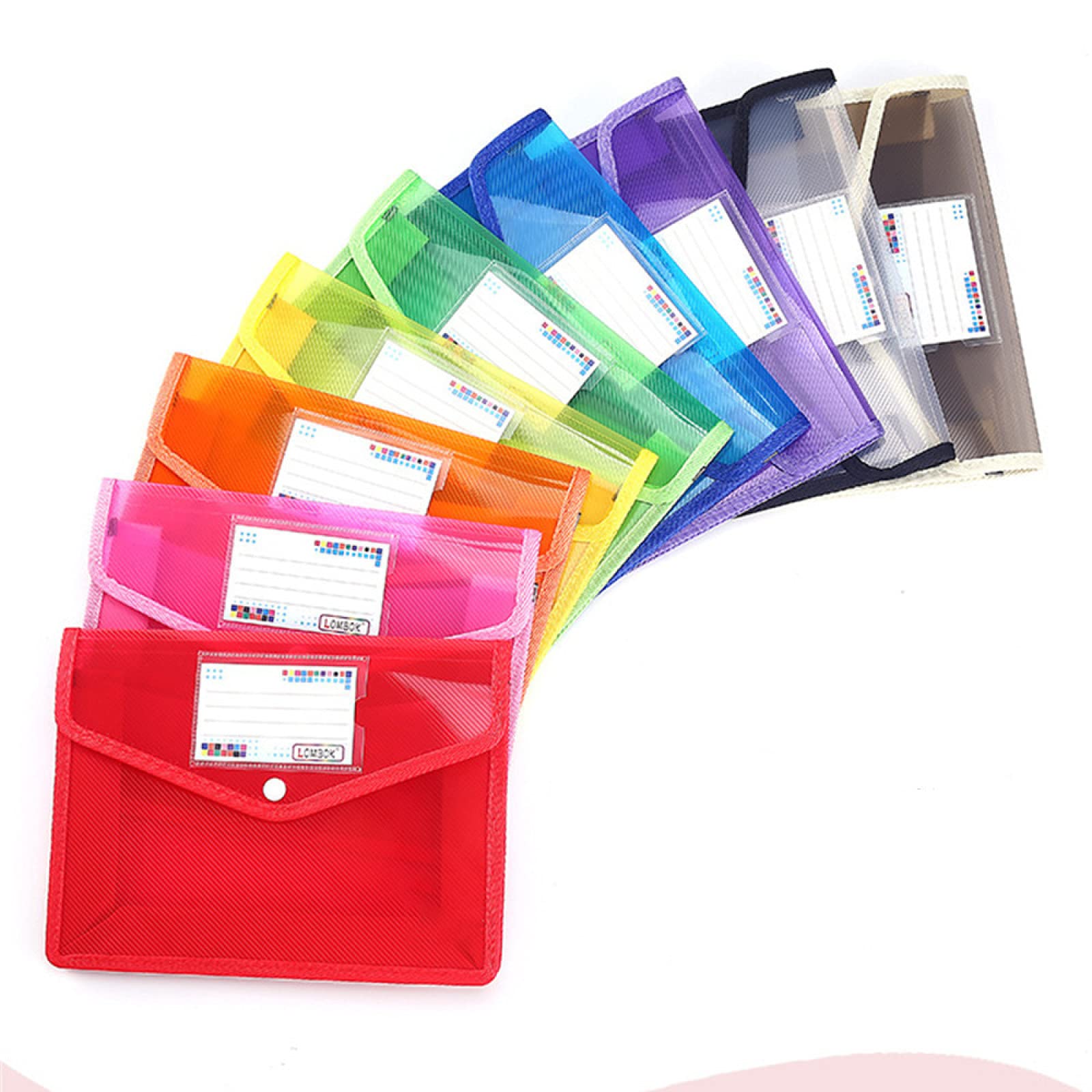 Telismei A5 Plastic Wallets, 9 Pcs Popper Wallet Plastic Document Folder Pockets Envelopes with Snap Closure and Card Slot, Files Envelope for School Office Home, Durable and Waterproof, Multicolored