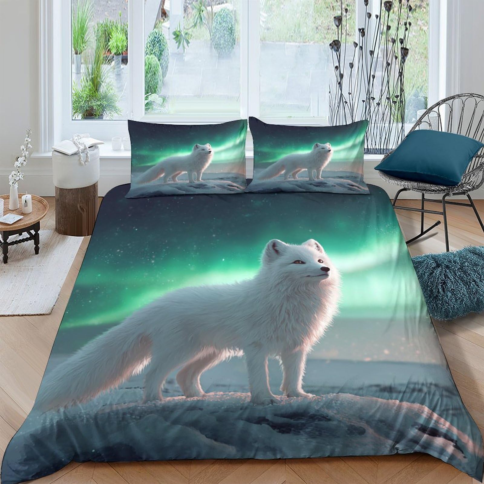 Ctjqhvkz Style-2 3D Printed Arctic Fox Fitted Sheet Microfiber Soft Green Aurora Mattress Cover For Bedroom Dorm Home Decor Single（135X200cm）