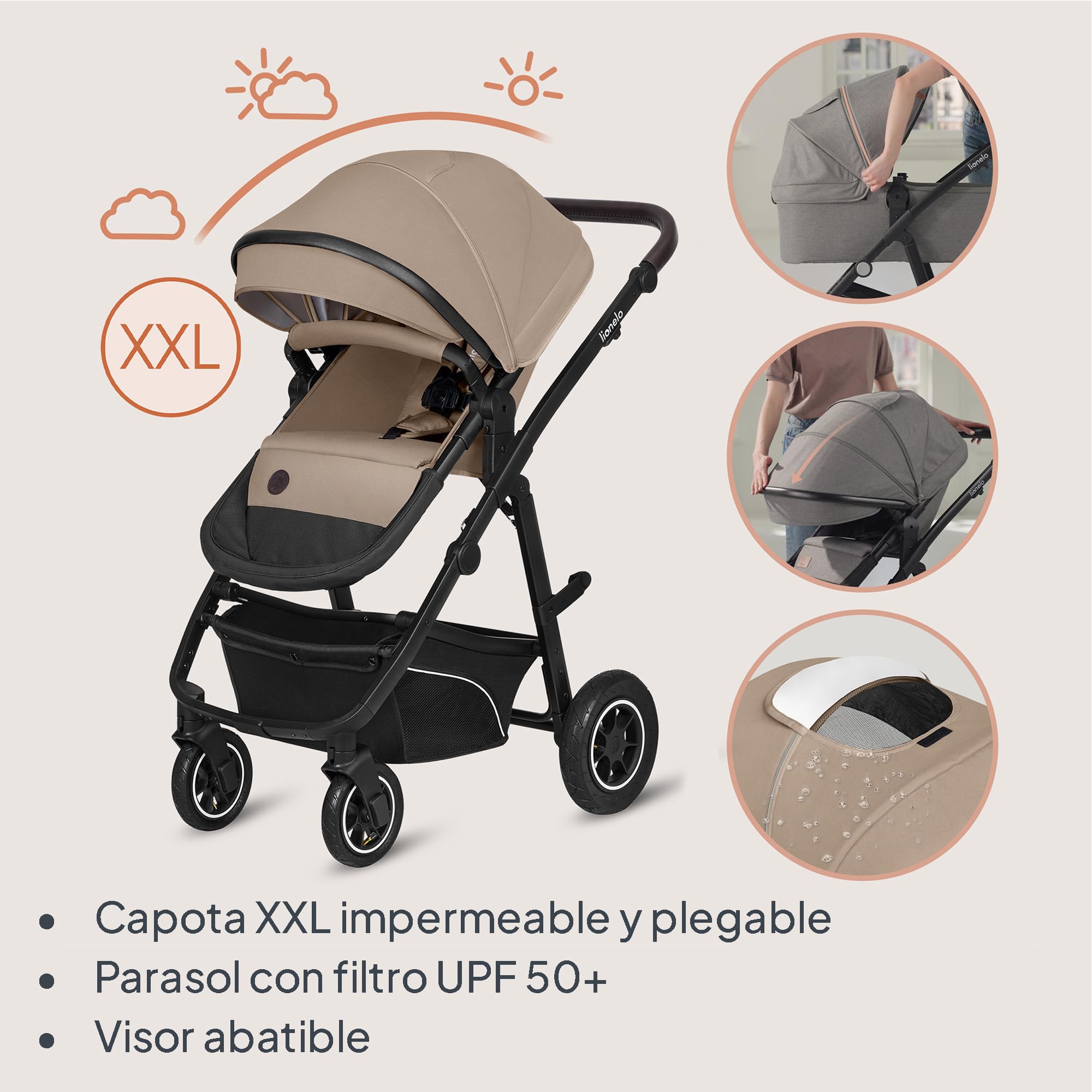 LIONELO BIANKA Cochecito de Bebé 3 en 1 (22 kg) Portabebés (9 kg) Silla de Coche (13 kg), Plegable, Sistema de Viaje Respaldo Ajustable Ruedas 360o Amortiguación, Capota XXL, Carrito de Bebe (Beige)