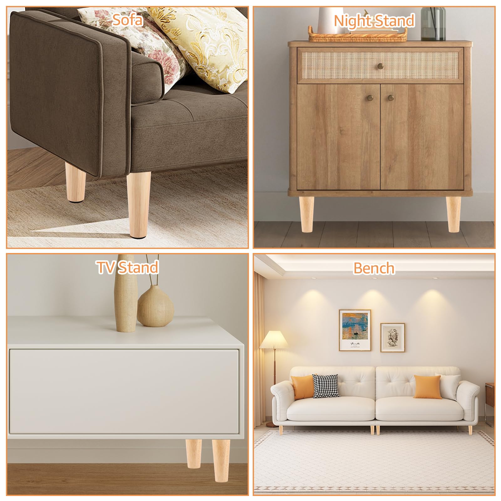 8 Stück 12cm Eiche möbelfüße Holz Möbelfuß Massivholz Holzfüße für Möbel mit Montageplatten, Schrauben und Gummipads, Holz Möbelfüße Tischbeine für Sofa Bett Schrank Couch Ottomane