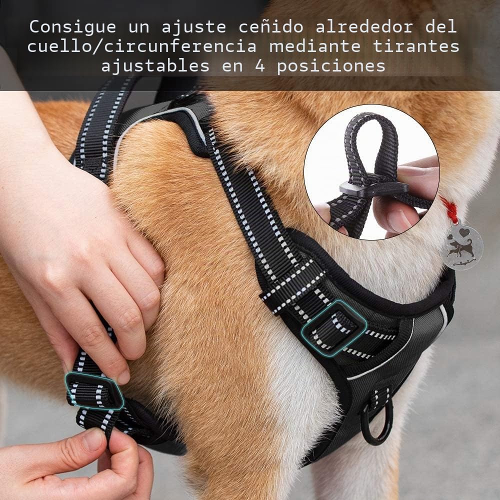 PoyPet Arnés reflectante para perros No Pull, Pechera para Perro con 2 fijaciones para la correa y asa de control fácil para perros pequeños y medianos (negro, L)