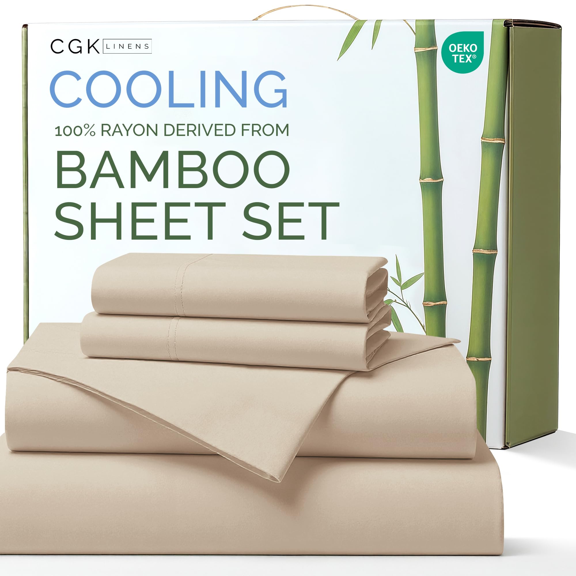 sheets king size - cooling sheets for king - 100% rayon derived from bamboo - ultra soft, breathable & hotel luxury bedding - 1 flat & 1 fitted & 2 pillowcases w/ 16 inch deep pockets - wheat