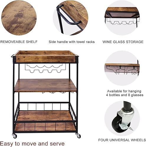 Miniatura 7 de aboxoo Carrito de bar de vino de 3 niveles grande para el hogar, estante de vino rodante con ruedas, carrito de servicio de cocina móvil, estilo