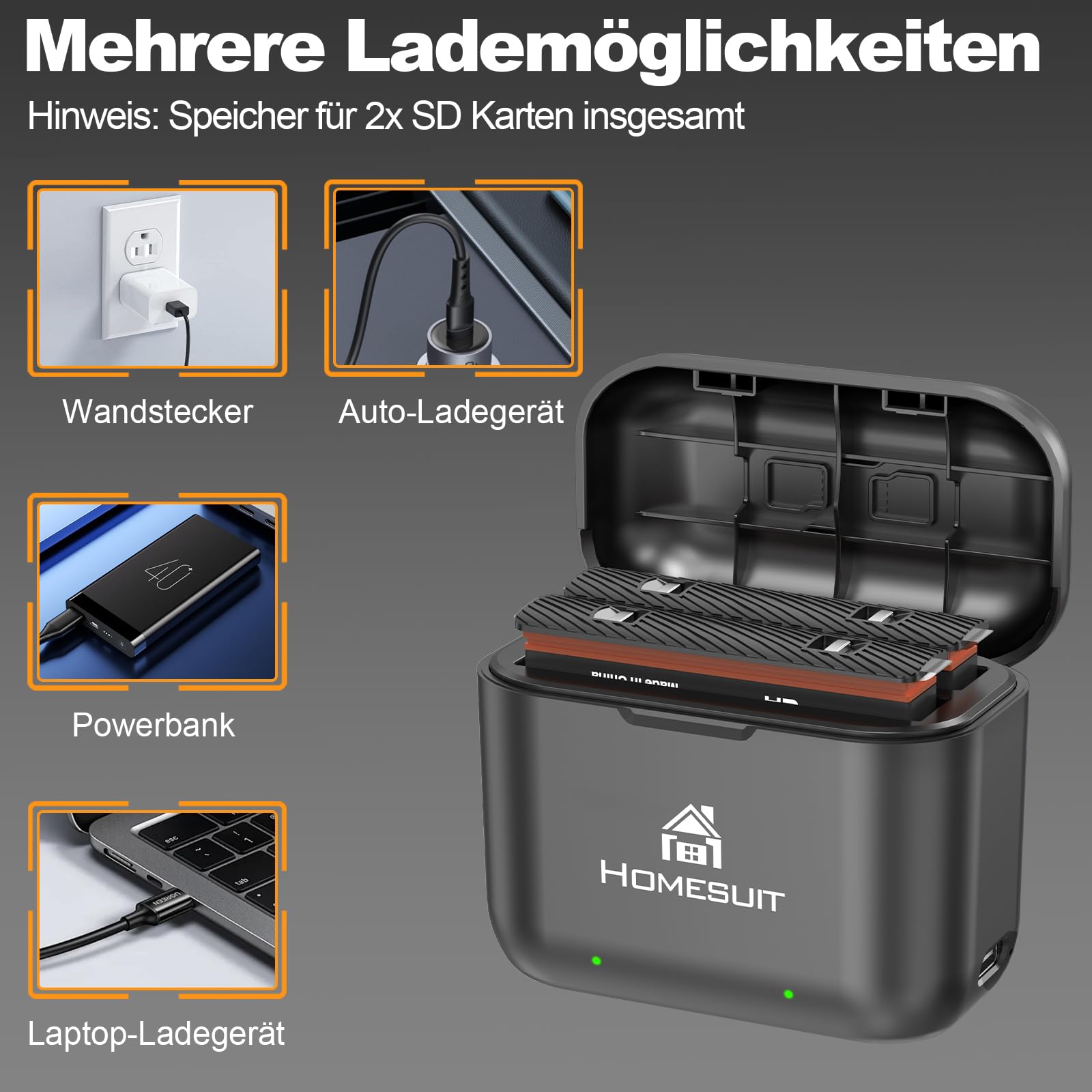 Homesuit Insta 360 X3 akumulator 1800mAh i zestaw ładowarki USB z diodami LED z gniazdkiem na karty pamięci Kompatybilny z kamerą Insta360 X3 Do 80 minut dodatkowego czasu nagrywania (2-pak)