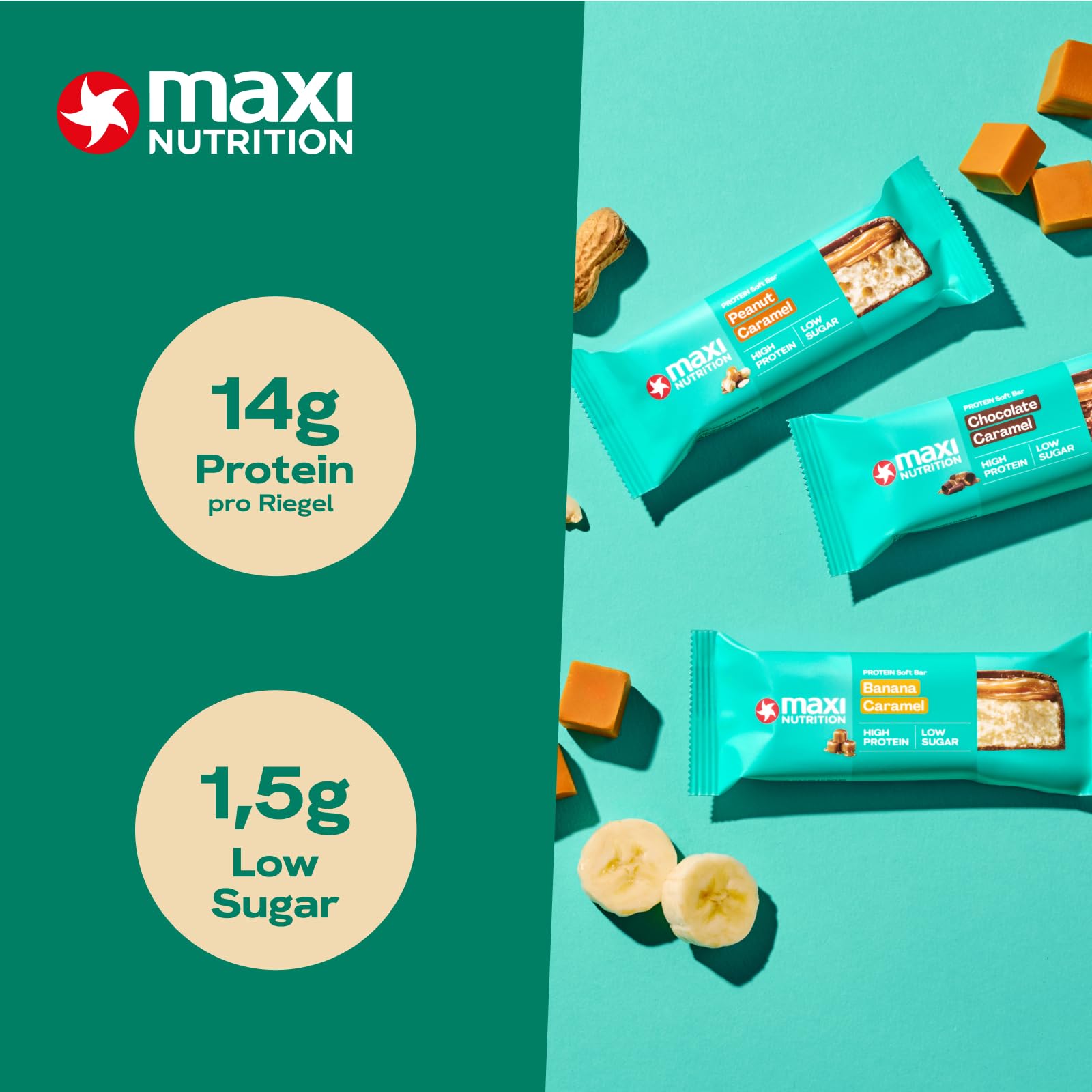 MaxiNutrition Softbar Caramel MixBox, 12x 45g, Proteinriegel, 30% Eiweiß, 14g Protein je Riegel, low Sugar (1,3 bis 1,4g), ohne Zuckerzusatz, ohne künstliche Aromen oder Palmöl