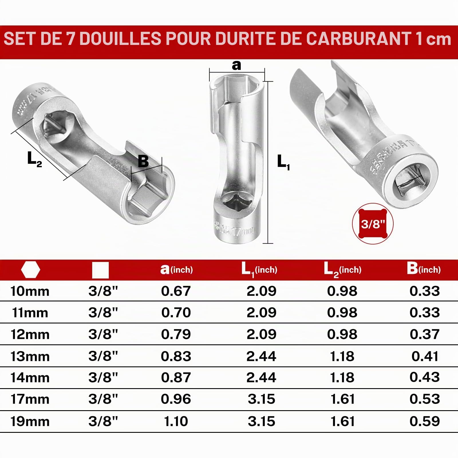 BILITOOLS Douille injecteur fendue 3/8 10-19 mm conduite injection | 7 douilles fendues 10-19 mm pour conduite injection, sonde température FAP et raccords diesel en accès étroit