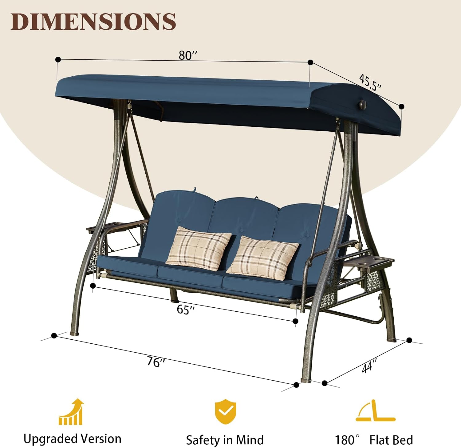 Upgrade 180° Convertible Outdoor Swing with Stand, 3-Seat Patio Swing for Adults 800lb Bearing Capacity, Adjustable Porch Swing with Canopy, Thickened Cushions (Square, Blue)