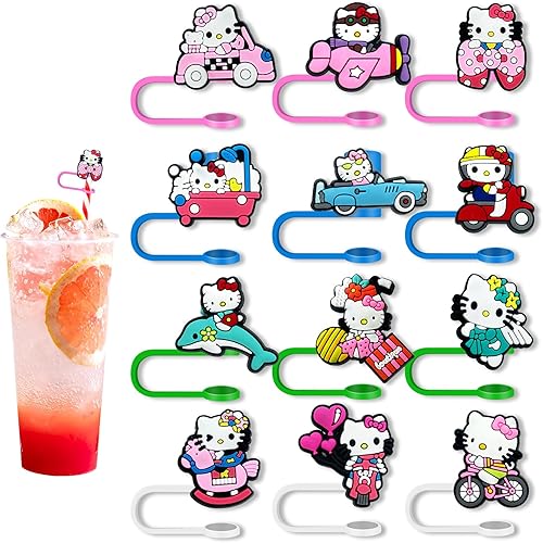 Fundas de popote de anime para accesorios de pajilla, protectores de paja de dibujos animados para popotes reutilizables (12 unidades, gato)