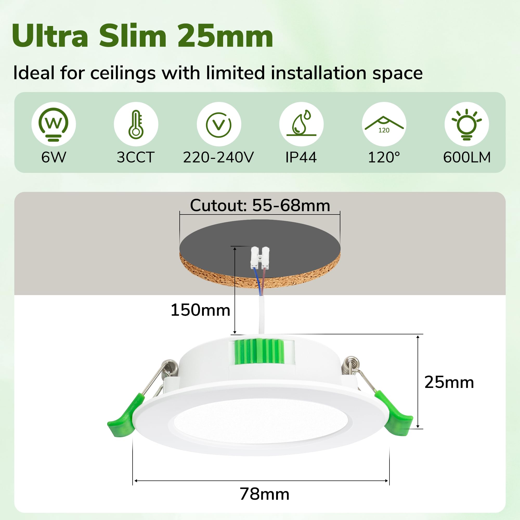 LED Einbaustrahler 230V 4er Set, Ultra Flach 25mm Einbauleuchten, 55–68mm Lochmaß, 6W 600LM, Warmweiß Neutralweiß Kaltweiß, 3-Stufen Dimmbar, IP44 LED Spots für Bad, Küche & Wohnzimmer, Weiß
