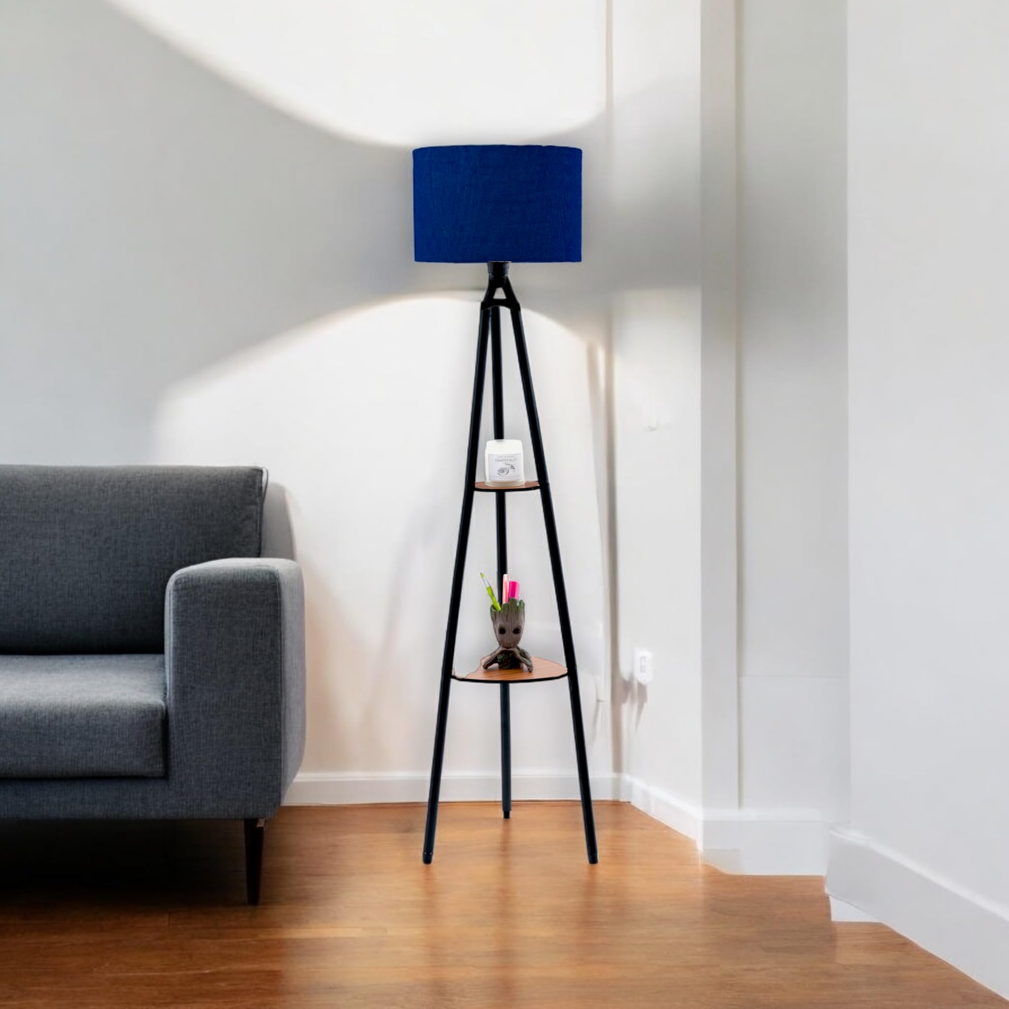 2 Tier Tripod Style Floor Lamp Plyboard Shelves with Mica, Happy Yellow Drum Shade Diameter 12 inch and lamp Height 54 inch & Free LED Bulb E27 (Navy Blue)-image-33