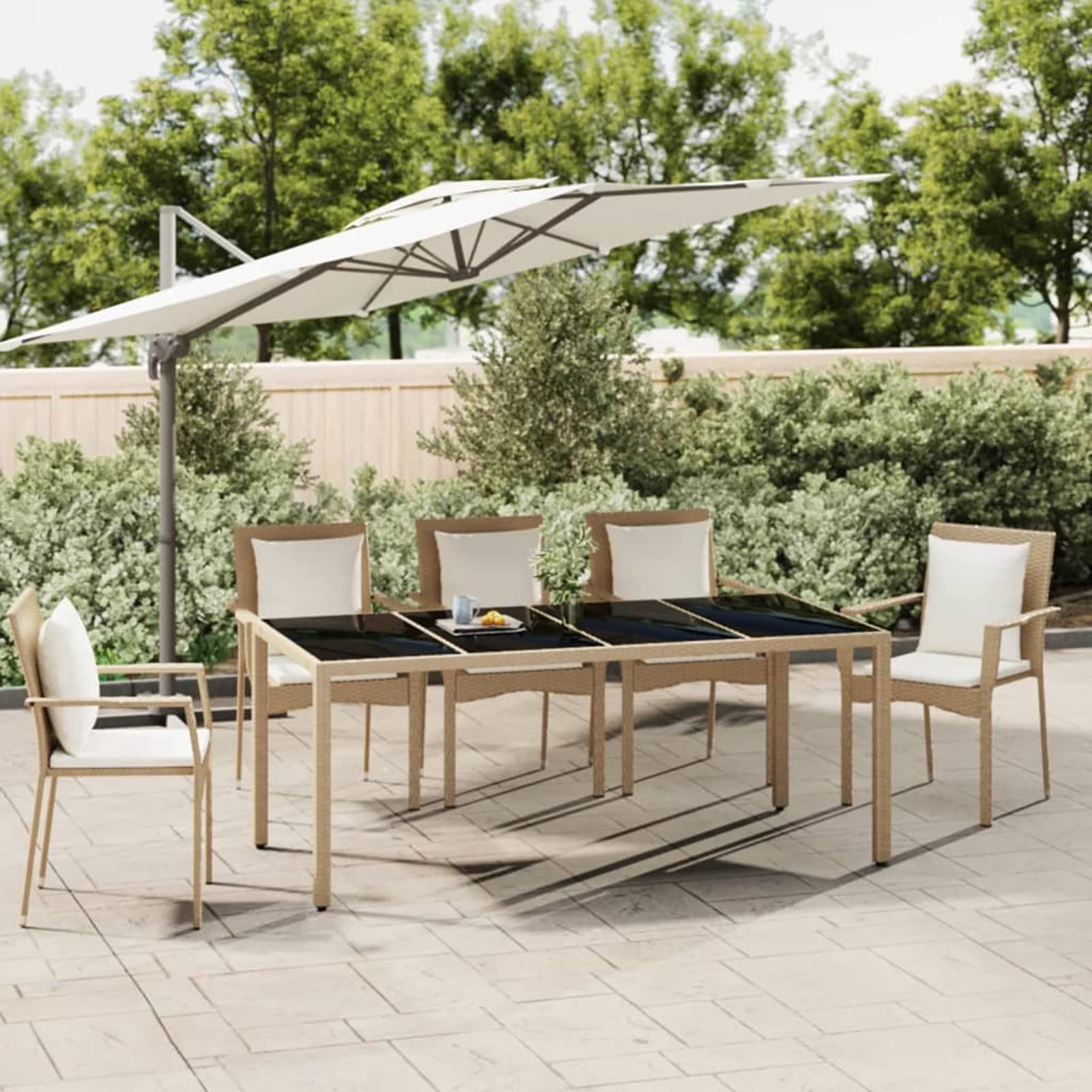 GuyAna Tavolo da Giardino Piano Vetro Beige Polyrattan Vetro Temperato,Tavolo da Giardino,Tavolo Giardino,Tavolo da Esterno(SPU:319556)