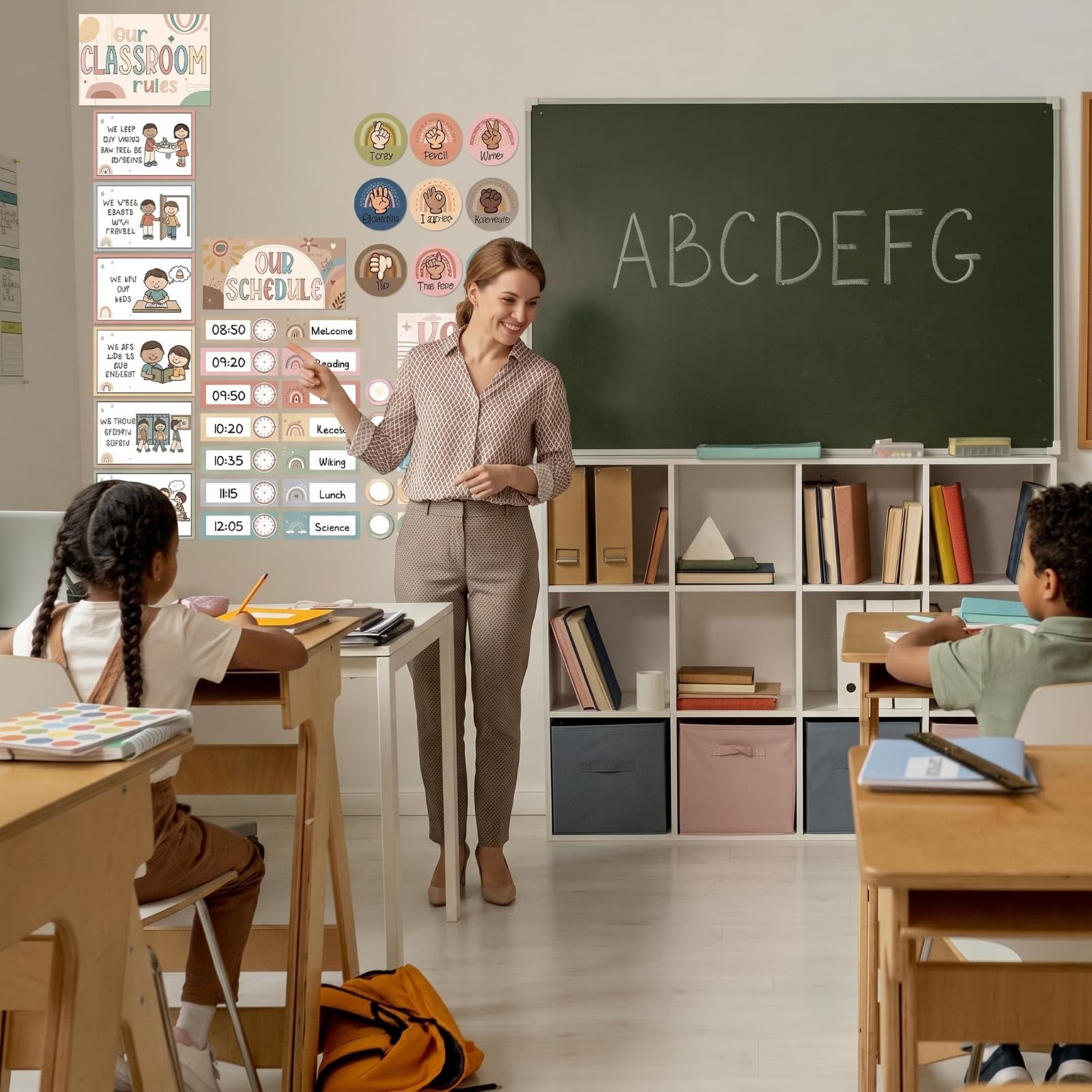 Zestaw narzędzi do zarządzania klasą boho, poziom głosu, światło pchane i wykres, klasa reguła, edukacja, plakat, karta sygnałowa, dzienny wykres harmonogramu na powrót do szkoły, przedszkola