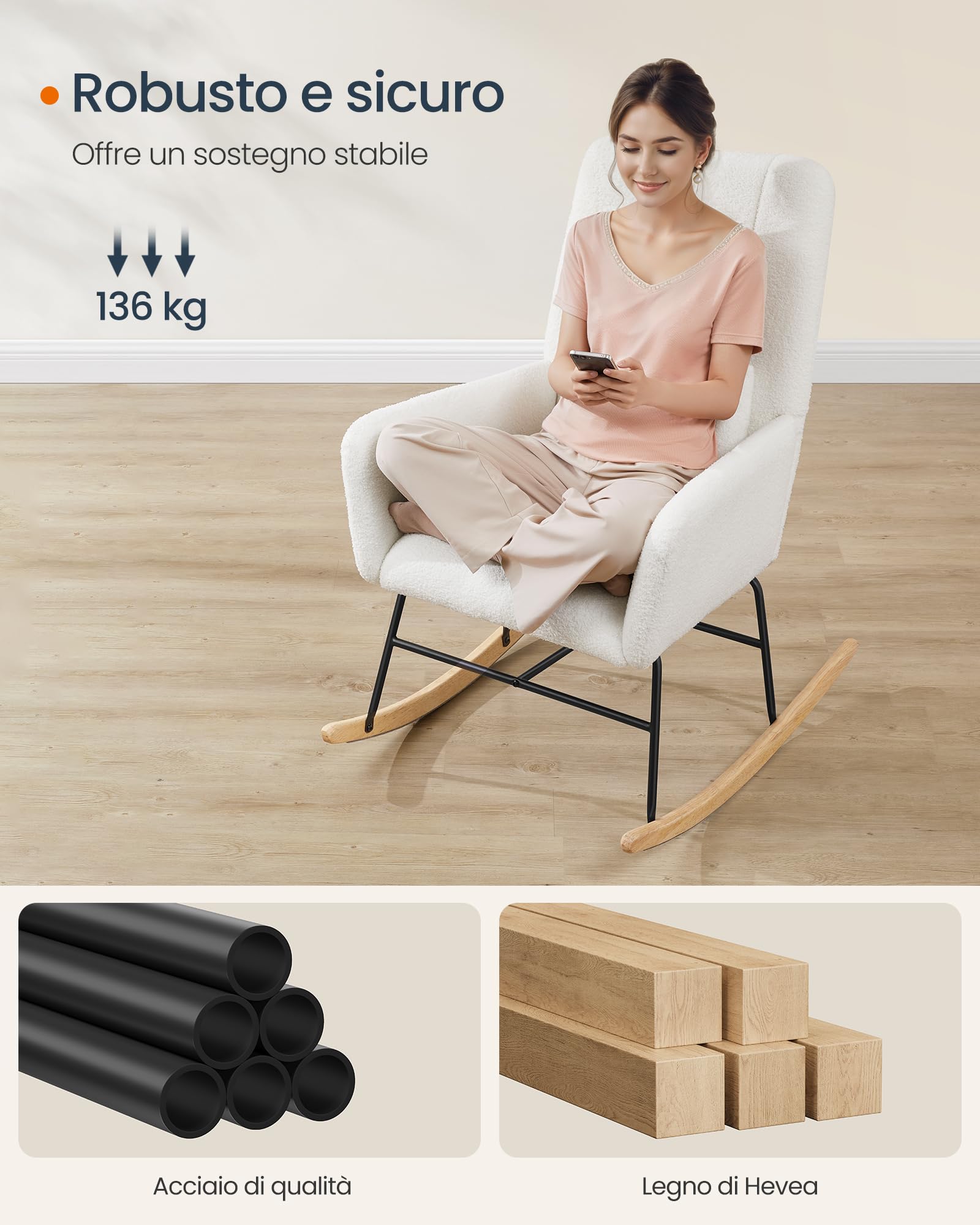 SONGMICS HOME Sedia a Dondolo, con Braccioli, Poltrona a Dondolo, Rivestimento in Peluche, Struttura in Acciaio, Piedi in Legno, Portata 160 kg, Camera da Letto Salotto, Bianco Crema LYY500W01