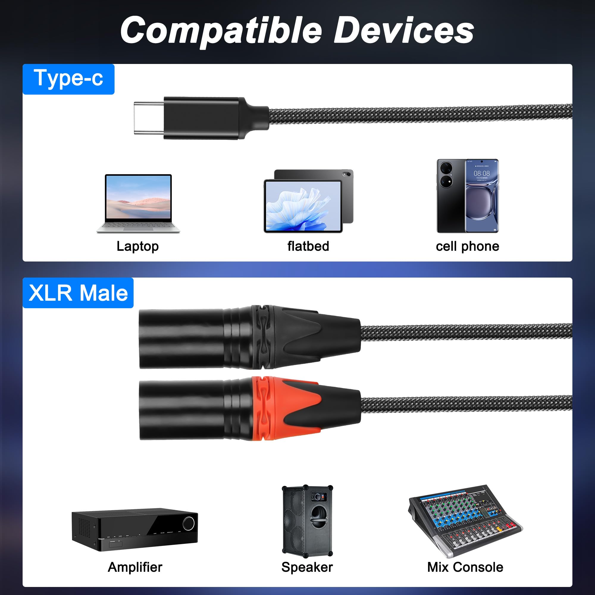 SZLliyxs USB-C auf Dual XLR Stecker Kabel, 2.0 m, Elektronisches Kabel für Laptop, Tablet, Verstärker, Smartphone, Lautsprecher