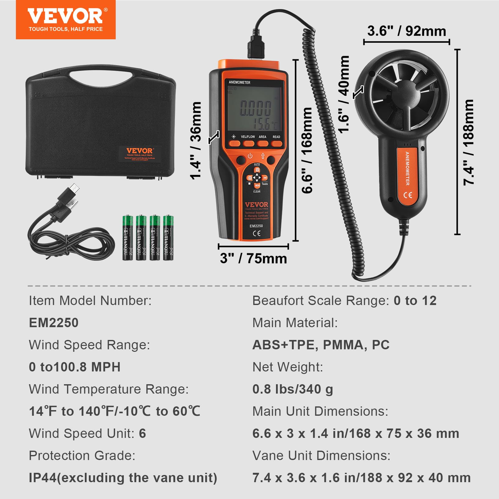 VEVOR Anémomètre Portable -10℃ à 60℃ Mesureur Numérique Vitesse du Vent CFM, Mesure Température du Vent, Flux d'Air, Refroidissement Éolien avec Écran Rétroéclairé LED pour Voile Surf Drone Vol CVC