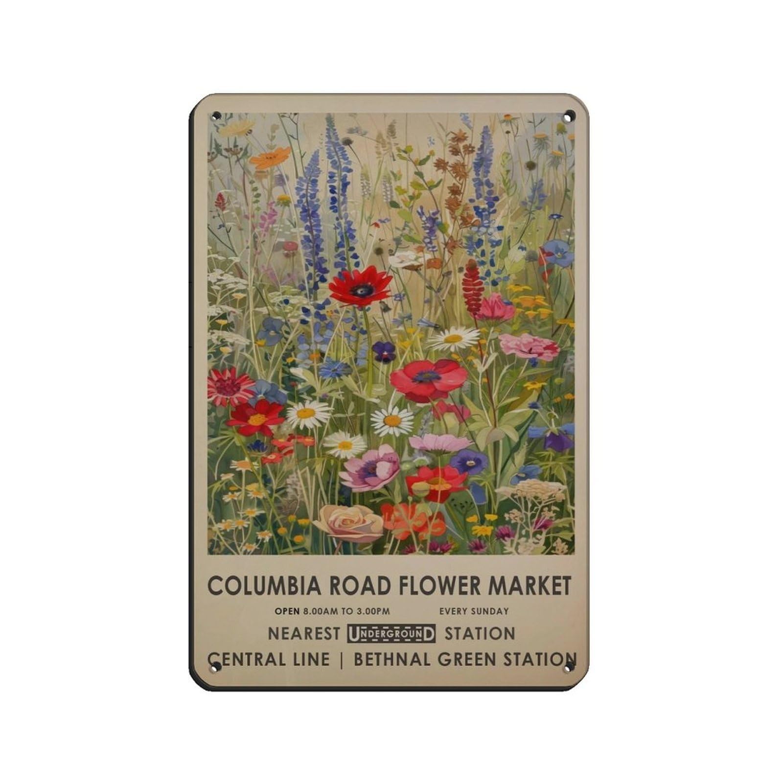 Columbia Road Flower Market, Vintage Meadow Flower Retro Poster Metal Tin Sign Chic Art Retro Iron Painting Bar People Cave Cafe Family Garage Poster Wall Decoration 8x12inch(20x30cm)