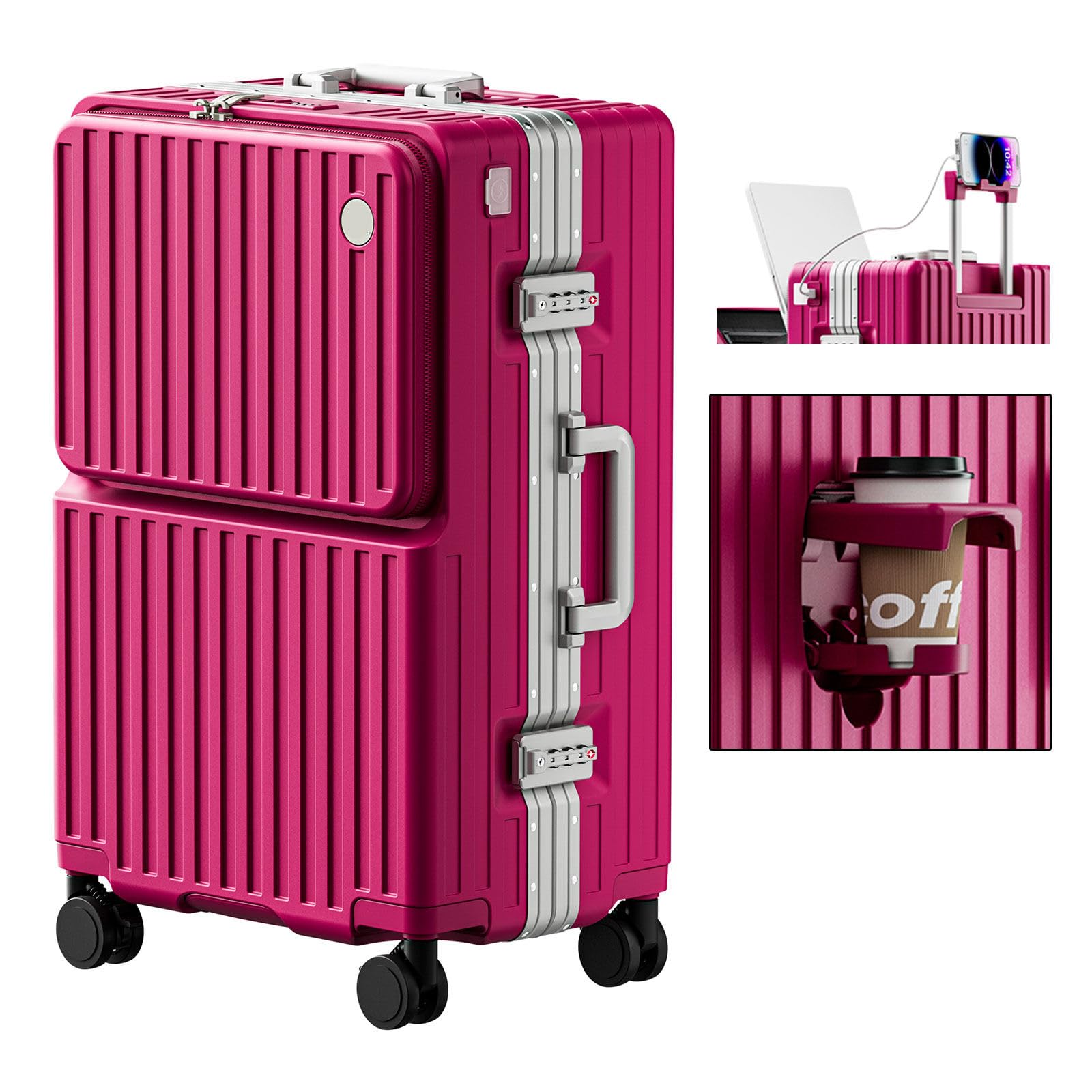 LEOVEN LS-2518 walizka podróżna z uchwytem na napoje, USB, twarda obudowa, aluminiowa rama, ciche kółka 360°, z hamulcem i amortyzatorem, zamek calowy TSA