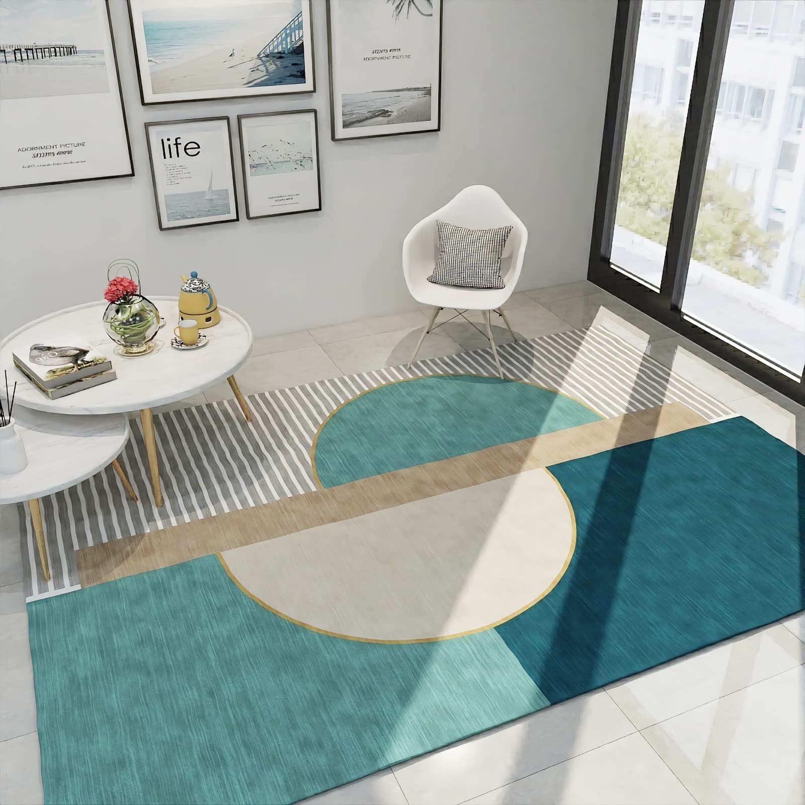 Tapis Deco Salon Moderne Deco Chambre bébé garçon Motif Demi-Cercle géométrique à Rayures Beige Gris Bleu Tapis Chambre ado Garcon 60x90cm