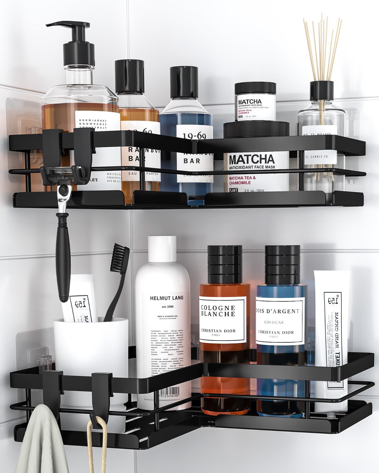 Kitsure Duschablage ohne Bohren – 2er-Set stabiles Duschregal ohne Bohren mit Schnellablauf, rostfreiem Finish und starker Klebebefestigung für Badezimmer, 22,0 x 22,0 x 5,0 cm, Schwarz