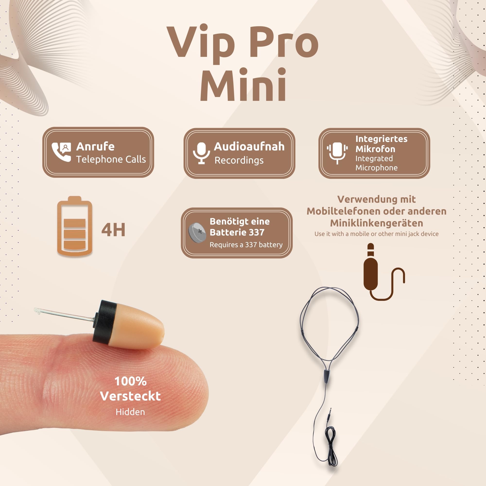 PingaOculto SpionageKopfhörer Prüfung Unsichtbar Klinke (VIP Pro Mini) | Ohne Kabel, Klinke 3,5 mm, Integriertes Mikrofon, Multifunktionstaste, Anrufe und Aufnahmen, Mini Größe, Für Handy, In Ear