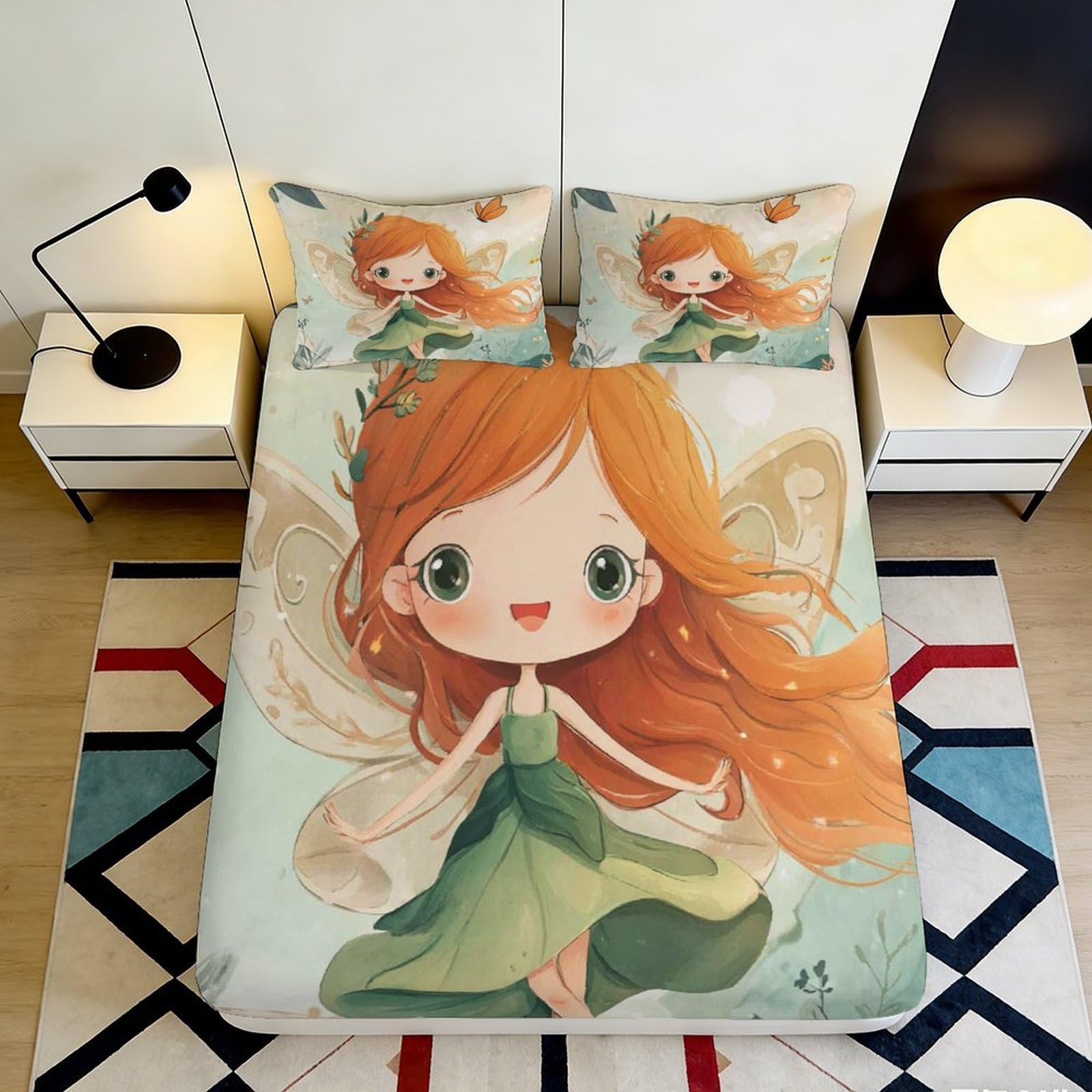 3D Printed Fairy Princess Fitted Sheet Microfiber Soft Orange Green Cartoon Bed Cover for Bedroom Guest Room Decor 90x200x25cm