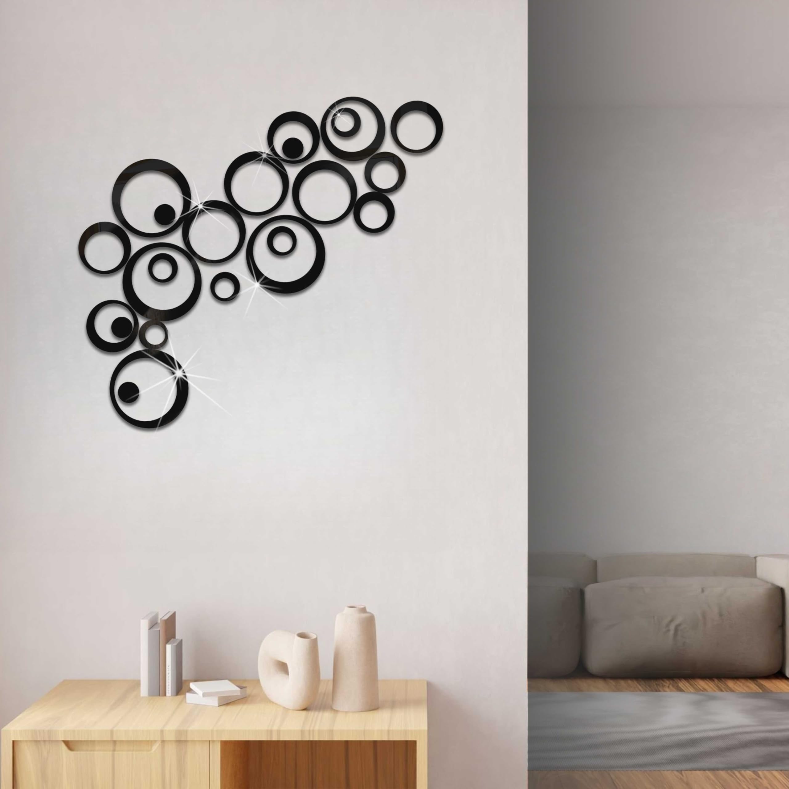 24 Pezzi Adesivi Murali Cerchio di Cristallo 3D. Acrilico Specchio Adesivi Murali Camera.Adesivo da Parete Rotondo per Camera Soggiorno Decorazione DIY Casa Colore Nero - 3