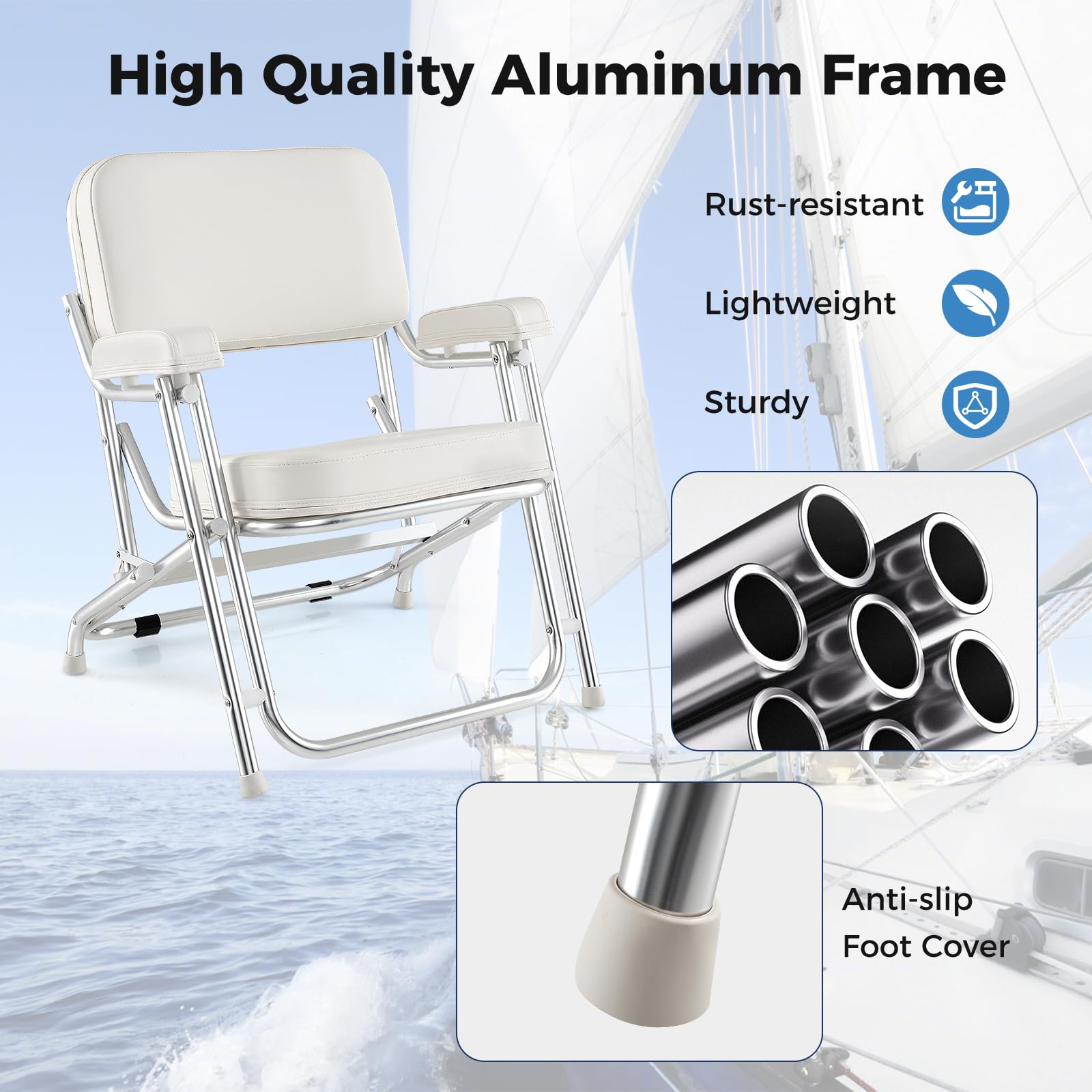 HOMASIS Sedia da Barca Pieghevole per Imbarcazioni, Sedile Timone Portatile con Schienale Ergonomico, Struttura in Alluminio, per Yacht e Campeggio, Carico 150 kg, 66,5 x 65 x 78 cm, Bianco