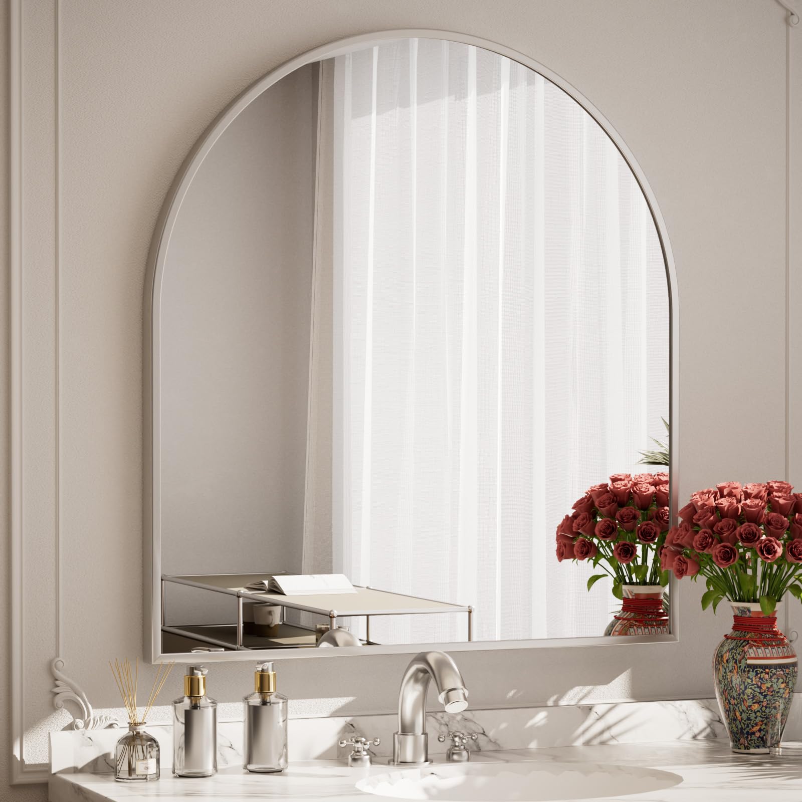 Koonmi Wandspiegel 81 x 86 cm met aluminium frame, decoratieve HD- wandspiegel, make-upspiegel voor badkamer, kleedkamer, woonkamer, onbreekbare spiegel, zilver