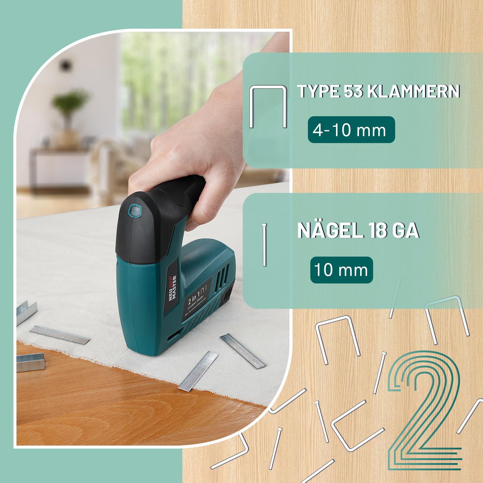 NEU MASTER Akku Tacker, 2-in-1 4V Elektrotacker Akku Mit Ladekabel, 1000 Heftklammern &1000 Nägel, Nägler für Bastelarbeiten, DIY und Polsterarbeiten