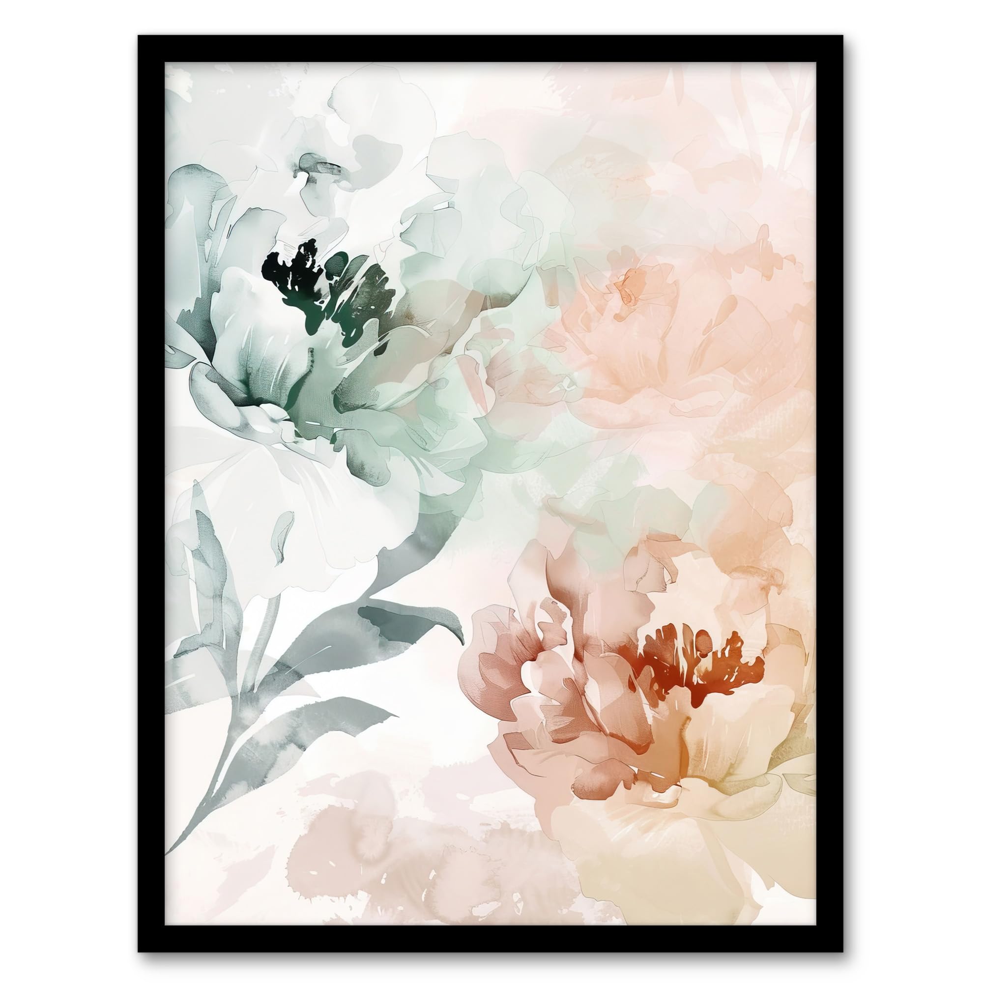 Artery8 Peony Flowers Teal Blue Pink Light Watercolour Bedroom Artwork Framed Wall Art Print 18X24 Inch