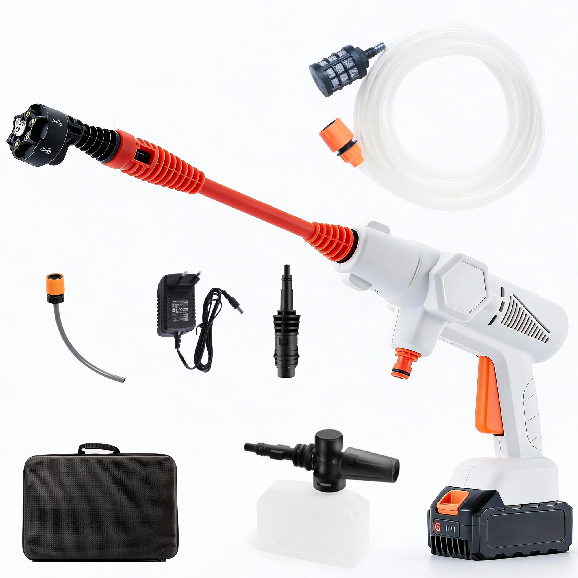 Hidrolimpiadora de Alta Presión Portátil 1200PSI: Limpiadora Eléctrica Compacta con Batería de 21V 4.0Ah y Cargador - Boquilla 6-en-1 Autoaspirante para Lavado de Coches/Balcón/Terraza