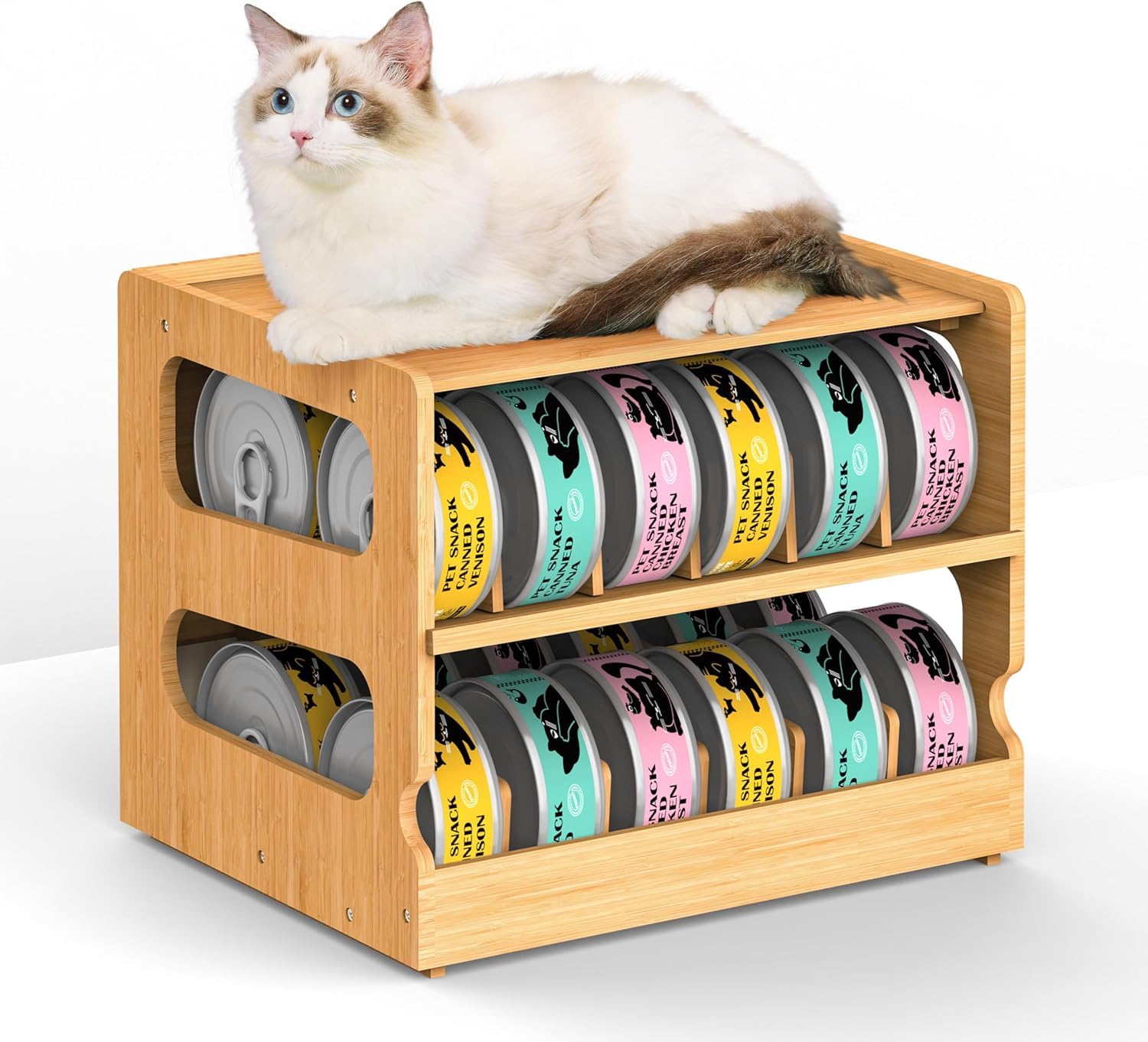 Teamkio Organizador de latas para despensa, organizador de despensa de bambú, estante apilable de 2 niveles, ideal para 36 latas de comida para humanos y mascotas (FIFO)