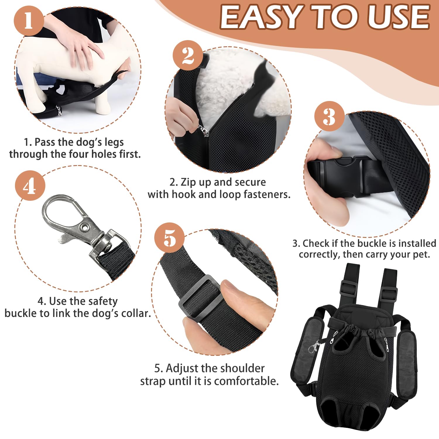 Hunderucksack, Verstellbarer Haustierrucksack, Haustier-Front-Hunderucksack, einfach anzubringen für Wanderungen und Reisen für kleine und mittelgroße Hunde (Schwarz-XL)