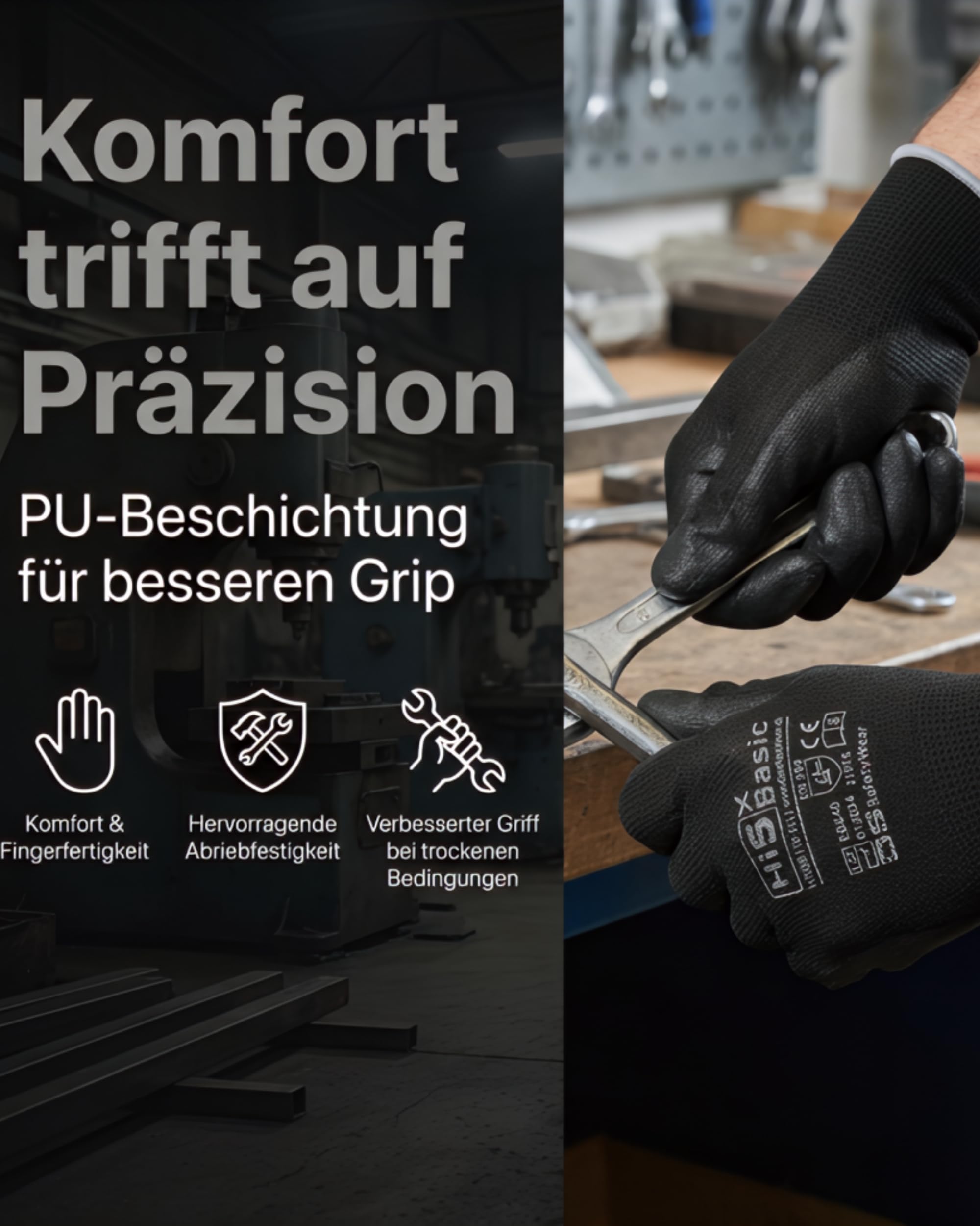 Hi5 X-Basic Arbeitshandschuhe – 13G Polyester – PU-Handflächenbeschichtung – ergonomisch & flexibel – EN 388:3131X – schwarz (S, 120, stück)