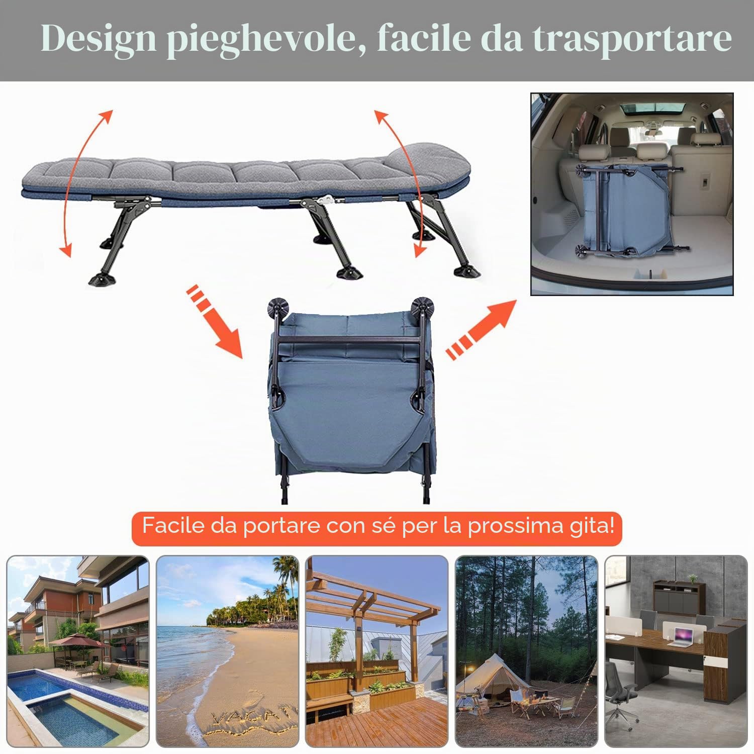 Set di 2 Brandina da Campeggio, Lettino da Campeggio per Adulti - Portatile Letto da Camping Leggero Pieghevole, Sdraio da Giardino per Esterno Terrazzo, 190x65x30cm, Caricabile Fino a 160 kg