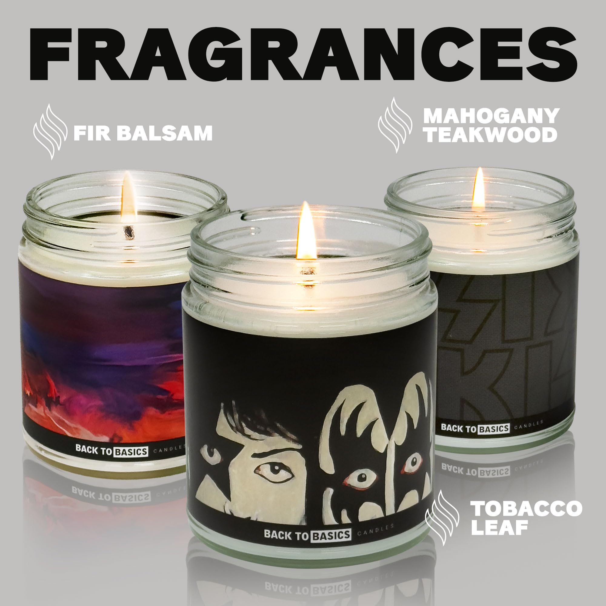KISS - Juego de velas prémium | Velas Back to Basics - 3 velas aromáticas de cera de coco de soja vegana para fanáticos del rock & roll, merchandising, decoración del hogar, regalos de cumpleaños para