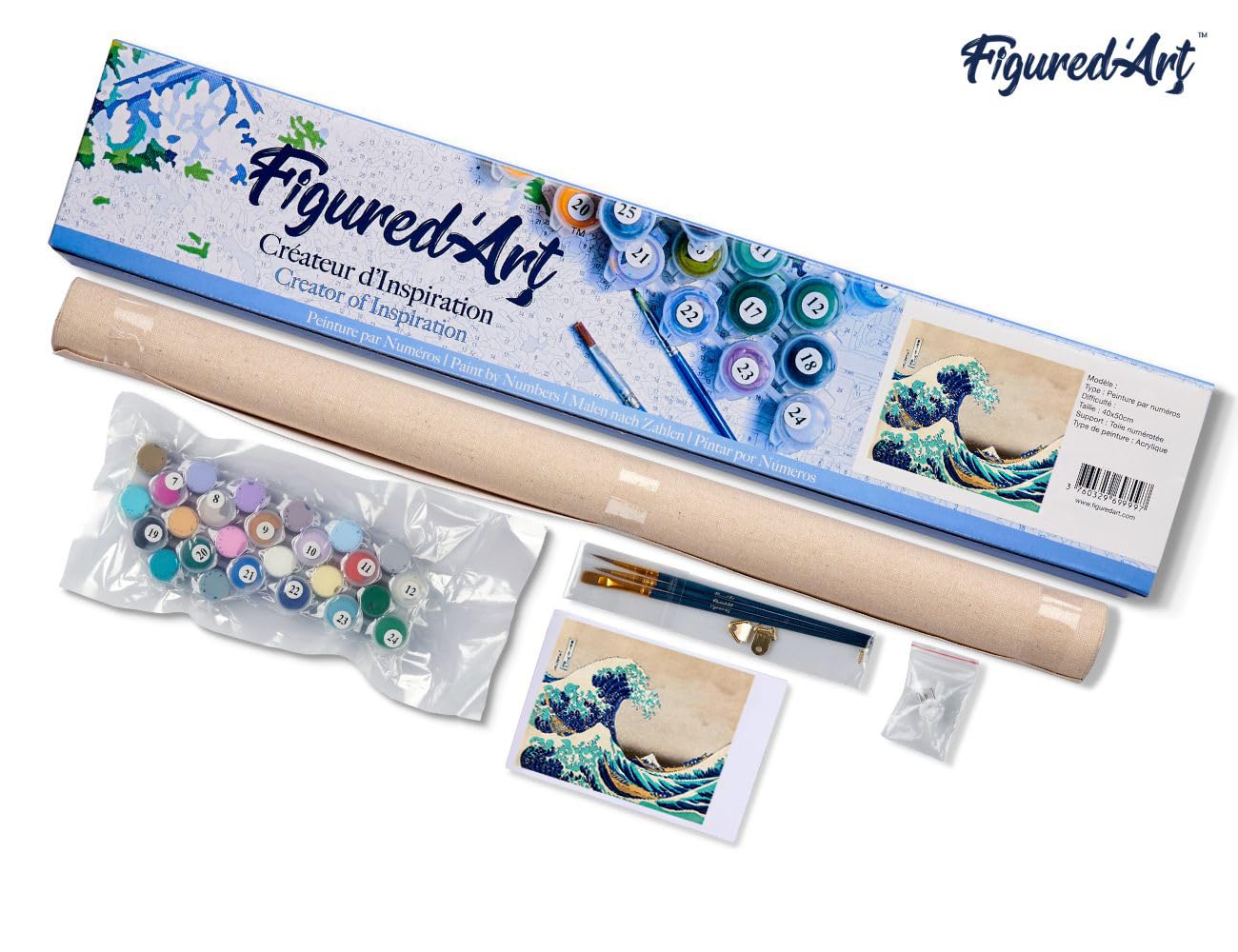 Figured'Art Dipingere con i Numeri - Paint by Numbers La grande onda di Kanagawa di Katsushika Hokusai, Passatempo per Adulti, Kit Completo, Hobby Creativi - Quadri fai da te 40x50cm senza cornice