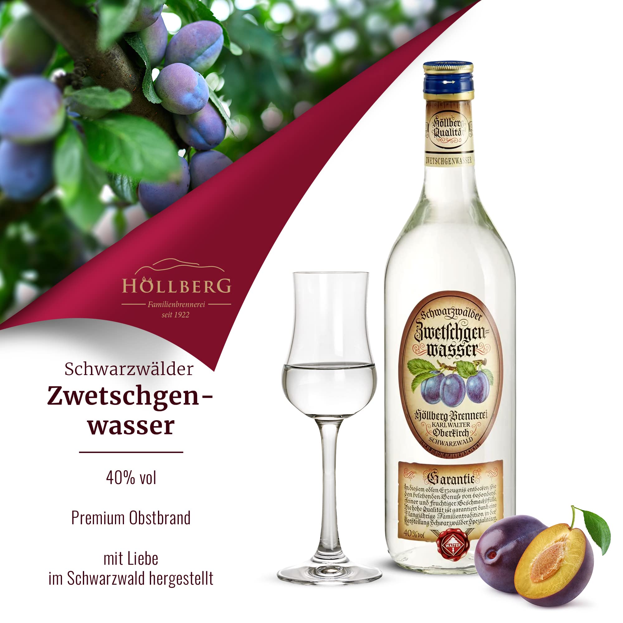 Original Höllberg Zwetschgenwasser 40% vol., 1 Liter | Premium Obstbrand mit edlem Zwetschgen Aroma | Edelbrand aus Familienbrennerei