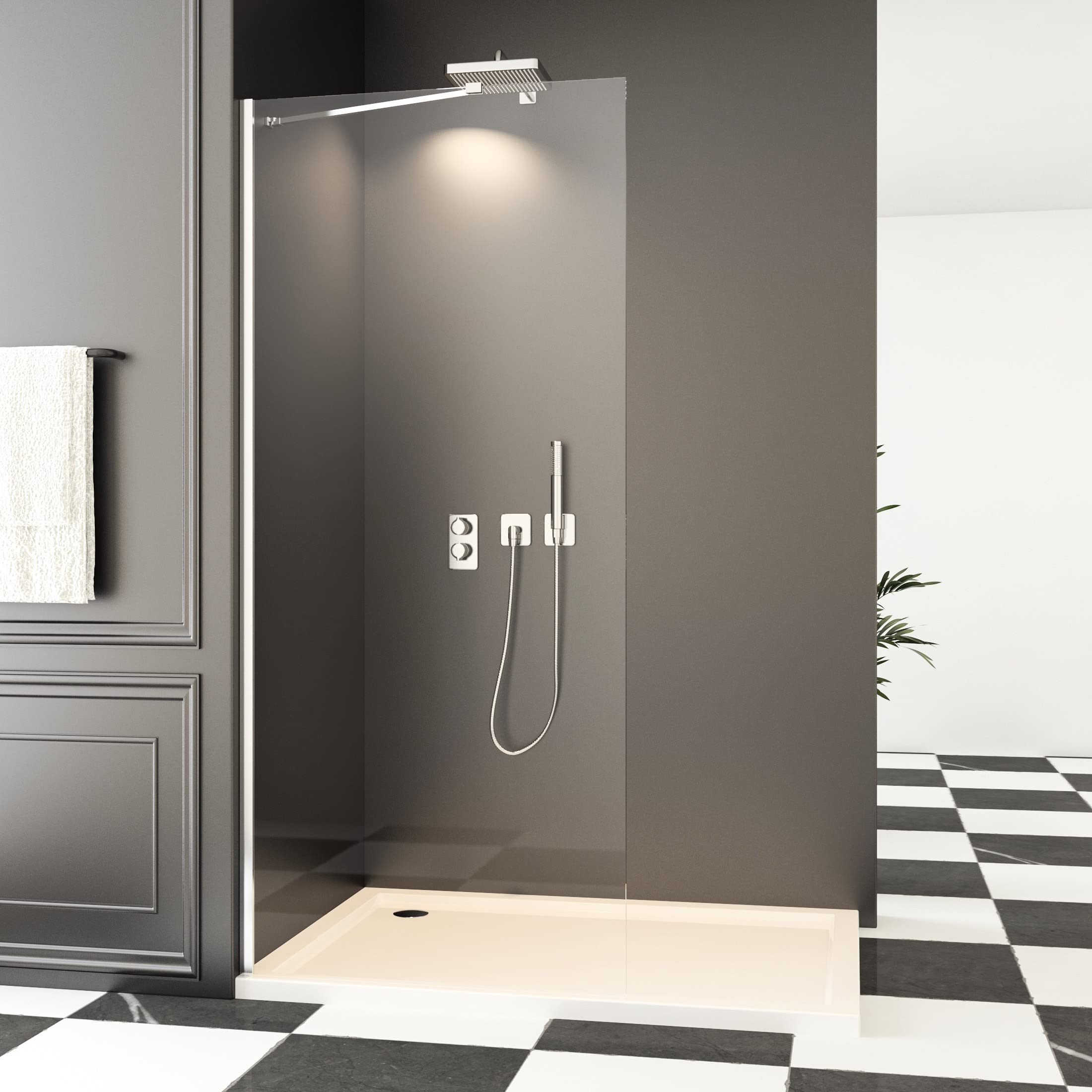 Walk in Duschwand, 90x185 cm Walk in dusche Sicherheitsglas Duschtrennwand mit Stabilisator Duschabtrennung auf Duschtassen oder Boden montierbar