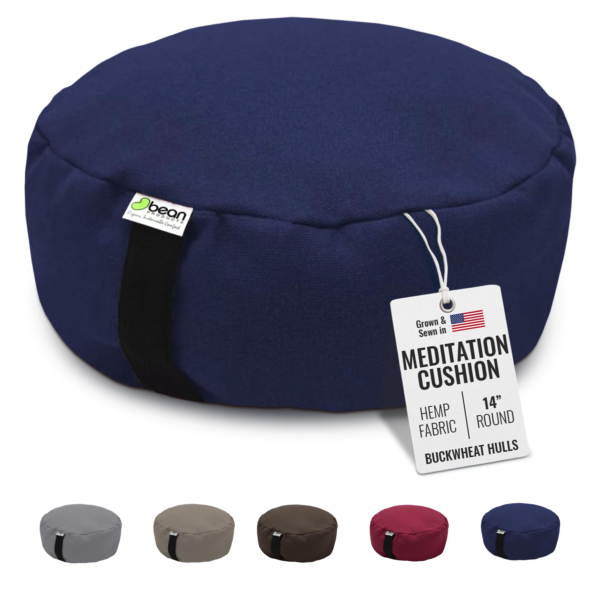 Bean Products Hemp Zafu Meditation Cushion for Sitting on Floor, Hemp Yoga Pillow, Zafu Meditation Pillow, Zen Seiza Kneeling Prayer Pad Support - Made in USA - Round Blueberry