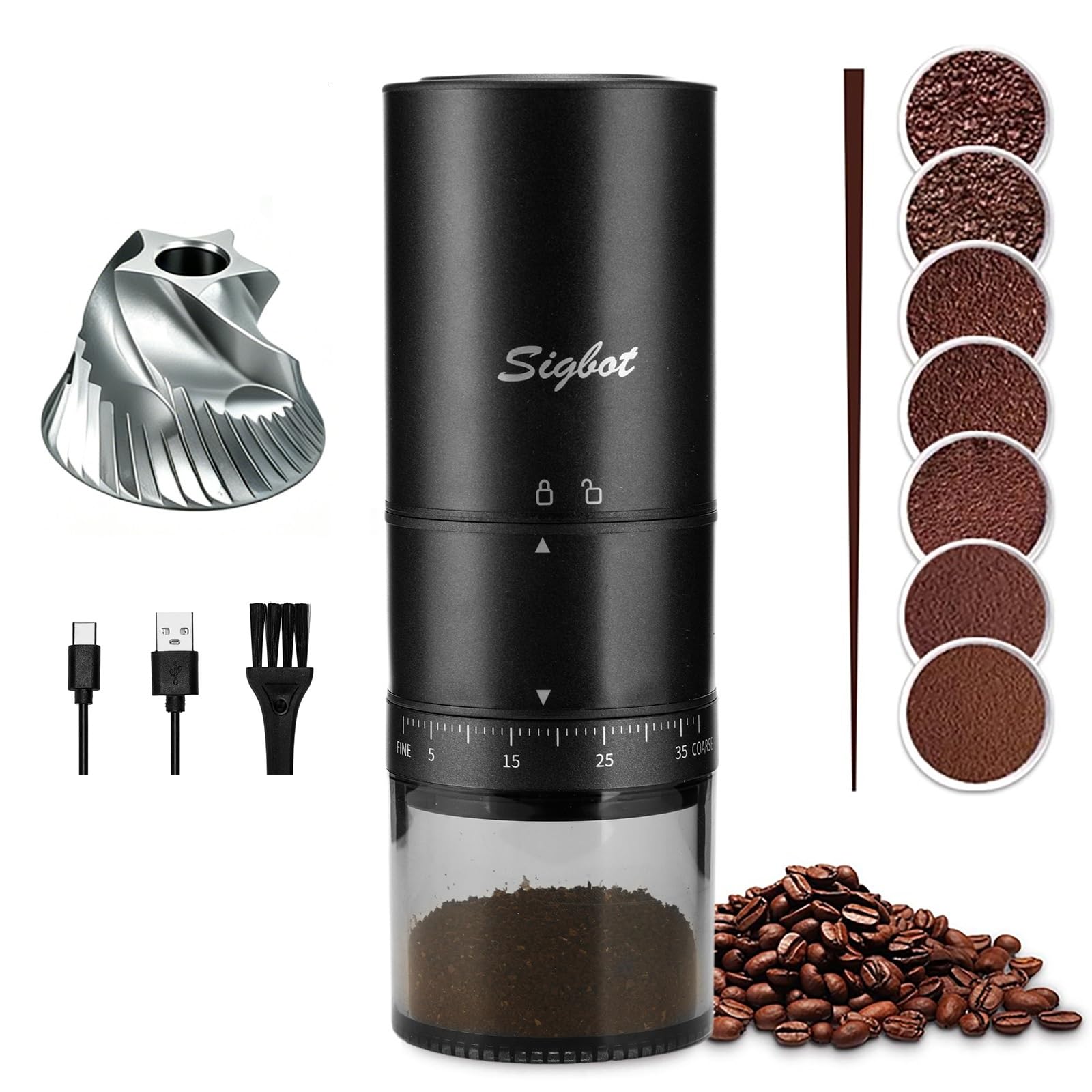 SIGBOT Elektrische Kaffeemühle Kegelmahlwerk - 38 Externe Mahlstufen, Wiederaufladbare Kaffeemühlen mit Edelstahlkern, Kompakte Kaffee-Mühle, Tragbar für Camping & Reise, Klein, 570g