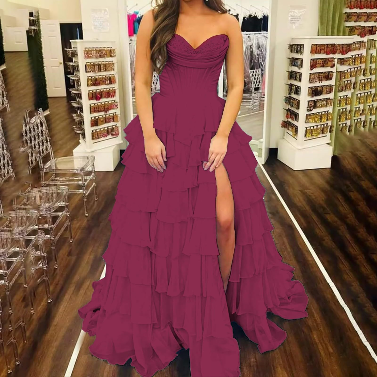 Generisch Abito da sera in chiffon senza spalline per corsetto 2025, lungo, a righe, con volant