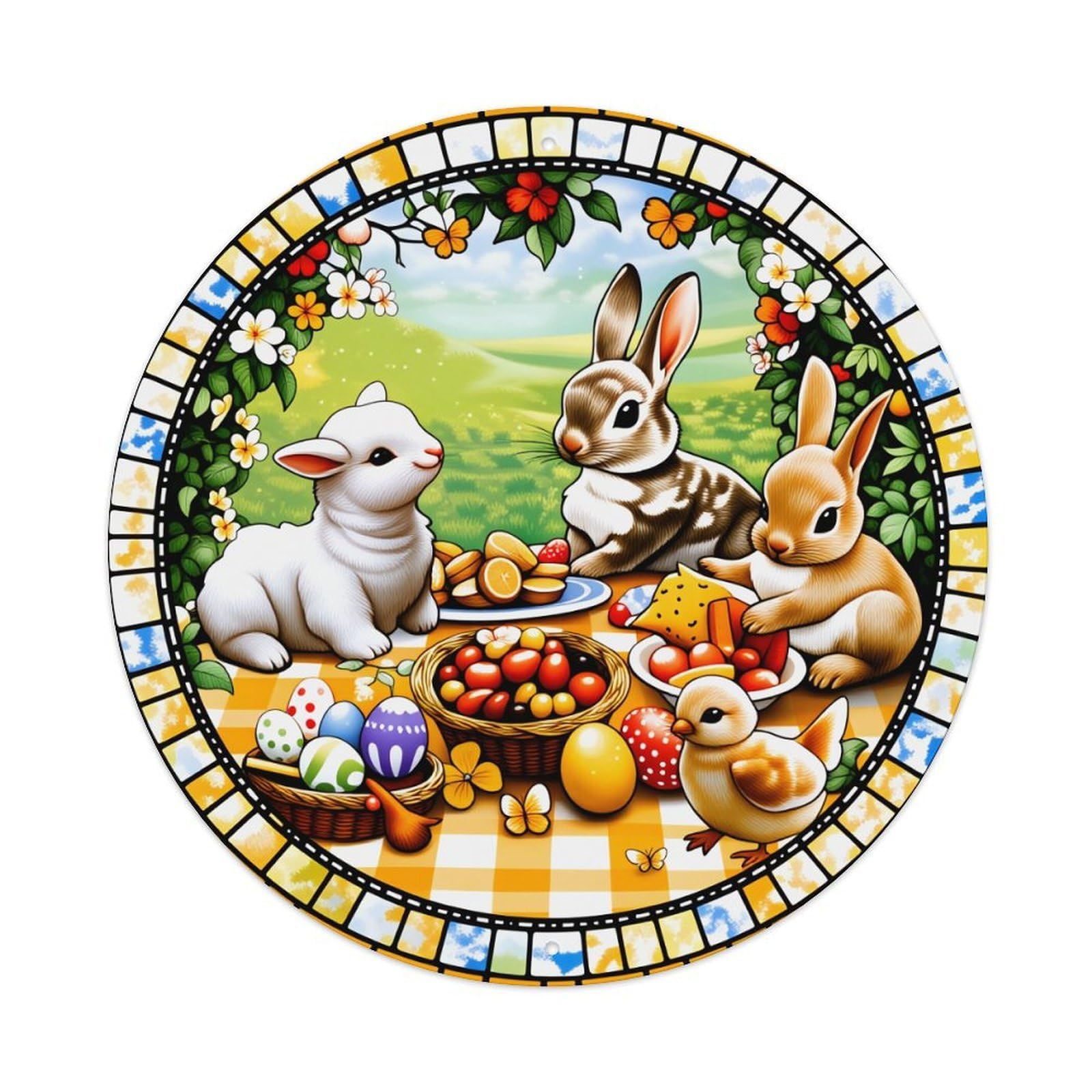 Easter Bunnies Chick Eggs Flowers Round Tin Sign Vintage Metal Poster Retro Bar, Home, Man Cave, Kitchen, Laundry Room Wall Art Decor Gift 8x8Inch