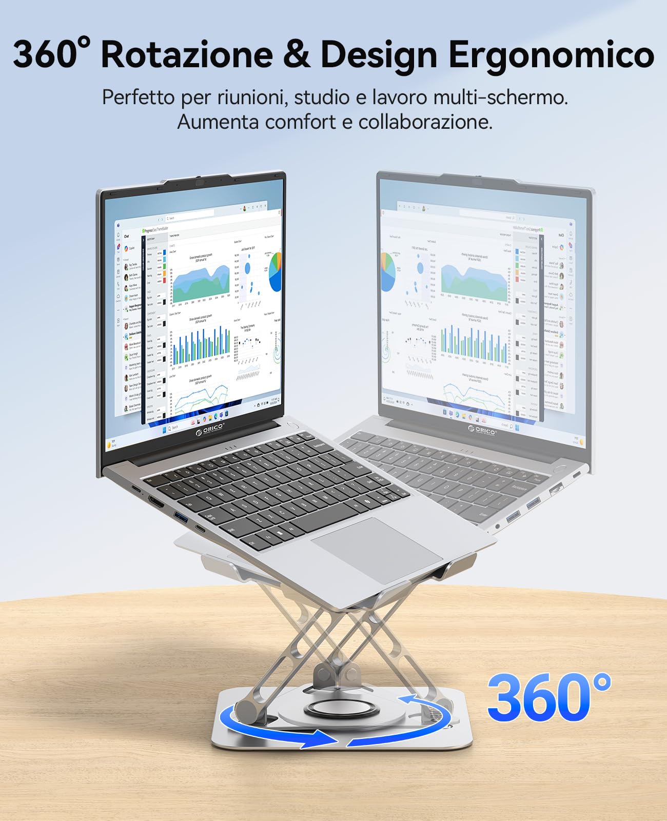 ORICO Supporto PC Portatile Ergonomico, Laptop Stand Regolabile 360° con Base Girevole, Supporto in Alluminio con Fori, per Scrivania, Compatibile con Notebook e Tablet 11-17", Argento ST12