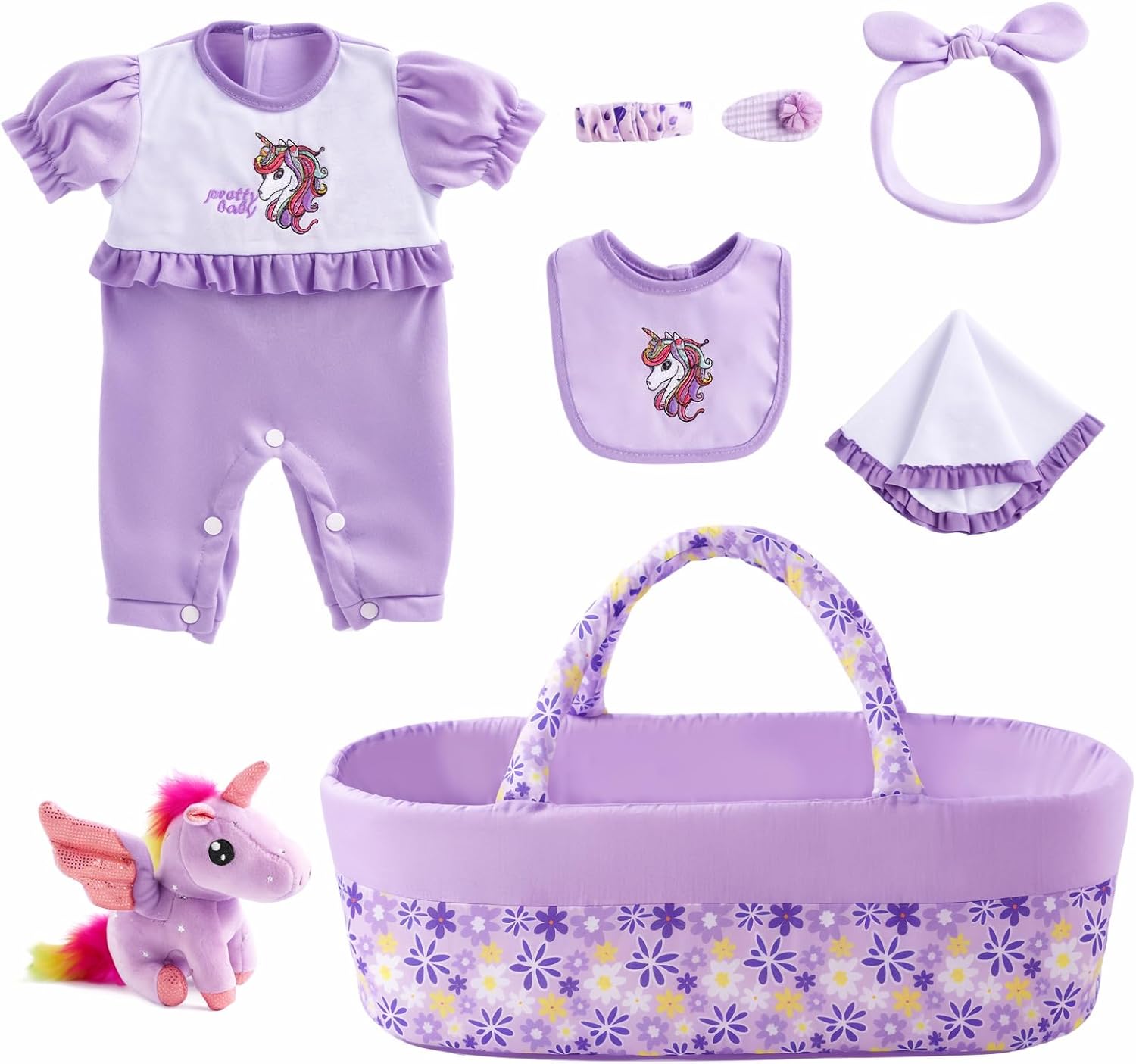 BABESIDE 8 Pcs Reborn Baby Doll Accessories Set – Includes Doll Clothes, Bassinet, Soft Toy, Bottle & More for Girls, Fits 17-22 Inch Dolls(Not Dolls)