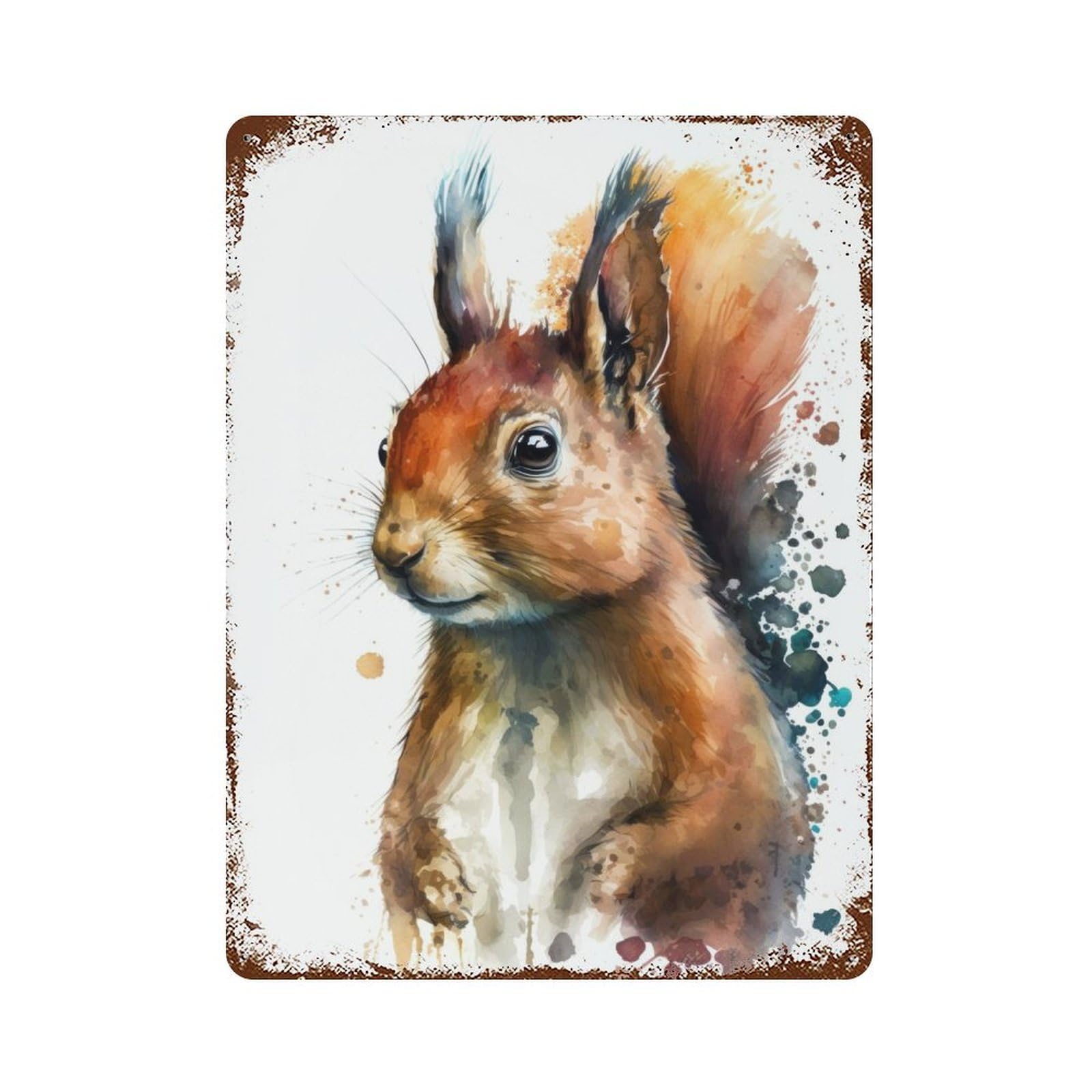 Garage Style Squirrel in Watercolor Aged Metal Wall Plaque 15.7"x11.8", Farmhouse Wall Decor for Bar And Workshop